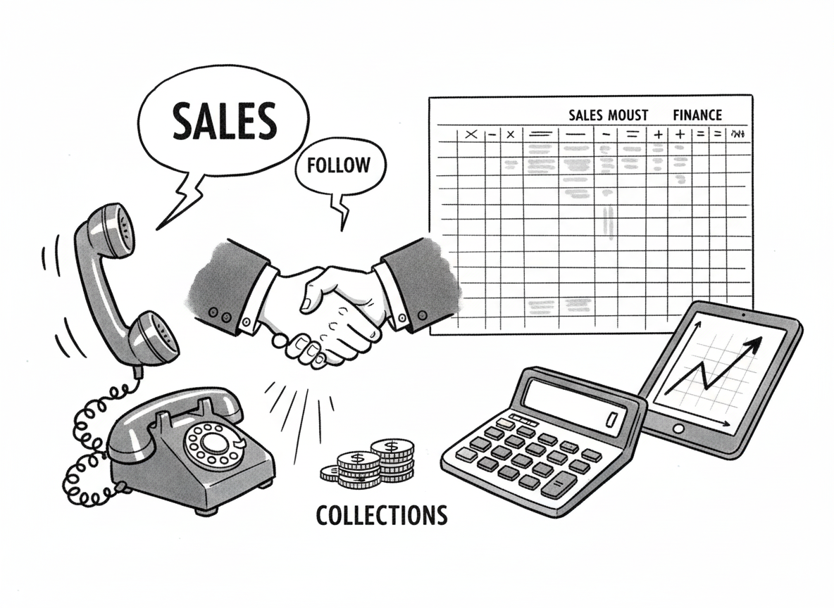 A professional business illustration showing the intersection of sales and finance concepts. On one side, visualize sales elements like phone calls, relationship building, and persistent follow-up (represented by a telephone, handshake gestures, and communication symbols). On the other side, show traditional finance elements like spreadsheets, calculators, and analytical charts. The two sides should meet in the middle, suggesting that collections work requires both skill sets. Use a clean, modern, minimalist style with a professional color palette of blues and grays. No text or letters.