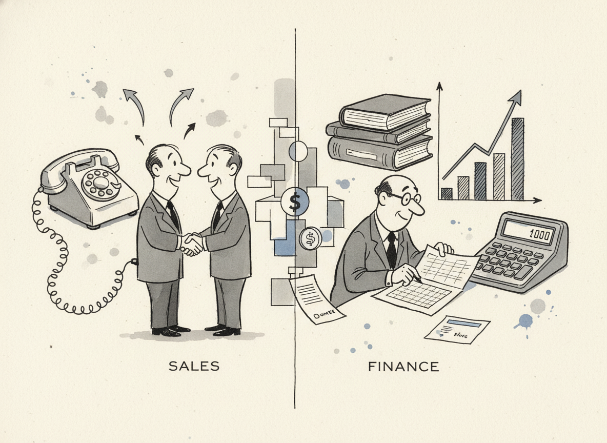 A professional business illustration showing the intersection of sales and finance concepts. On one side, visualize sales elements like phone calls, relationship building, and persistent follow-up (represented by a telephone, handshake gestures, and communication symbols). On the other side, show traditional finance elements like spreadsheets, calculators, and analytical charts. The two sides should meet in the middle, suggesting that collections work requires both skill sets. Use a clean, modern, minimalist style with a professional color palette of blues and grays.