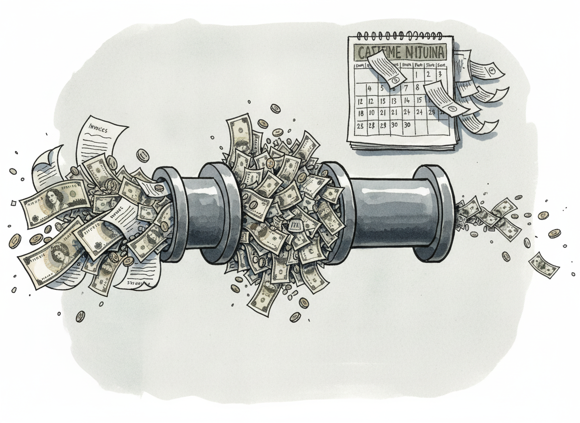 A business concept illustration showing cash flow bottleneck: money and invoices flowing through a pipeline that narrows and gets clogged in the middle, with British pound notes and coins stuck in the bottleneck, while a calendar in background shows days passing. Modern minimalist style with blue and green tones, professional financial illustration showing the concept of delayed payments and working capital trapped in accounts receivable.