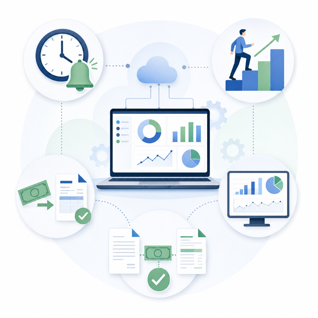 A clean, modern business illustration showing key features of accounts receivable software as interconnected elements. Depict visual symbols for: automated reminders (clock with notification bell), payment tracking (dashboard with graphs), collections workflows (ascending steps or ladder), cash application (money being matched to documents), and real-time reporting (analytics display). Use a professional color palette with blues and greens. The style should be minimalist and corporate, showing these elements as part of an integrated system or workflow. No text, words, or letters.