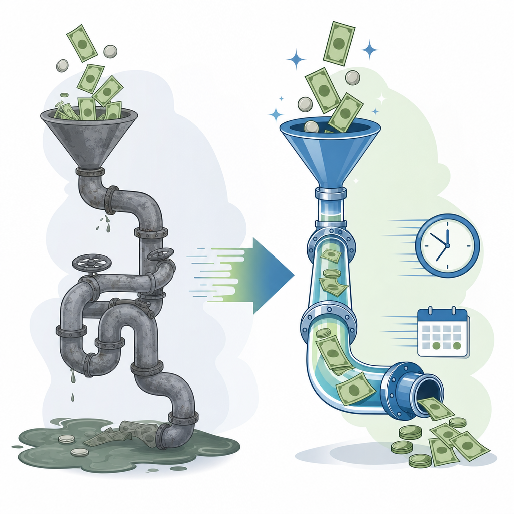 A clean, modern business illustration showing the concept of improved cash flow and faster payment cycles. Depict a visual representation of money or currency flowing smoothly through a streamlined pipeline or funnel system, with clocks or calendar elements suggesting reduced time. Use a professional color palette with blues and greens. The style should be minimalist and corporate, showing the transformation from slow, stuck cash flow to fast, efficient movement. No text or letters.