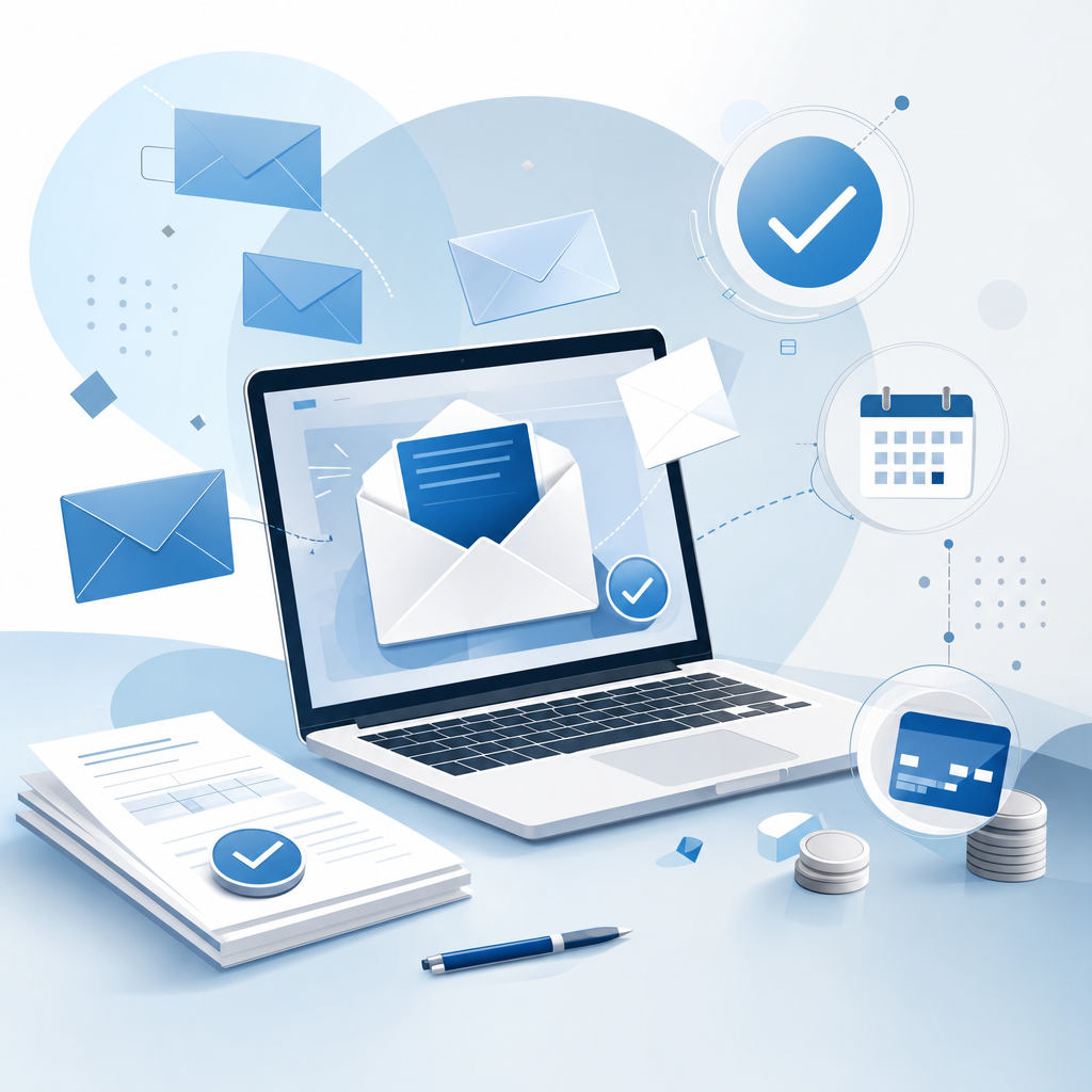 A professional business illustration showing email communication concept with laptop computer, envelope icons, and payment-related symbols like checkmarks and calendar elements. Modern, clean design with shades of blue, grey, and white. The scene should convey professional business correspondence and invoice management. Minimalist style with floating geometric elements representing digital communication and payment workflows. No text or letters should appear in the image.