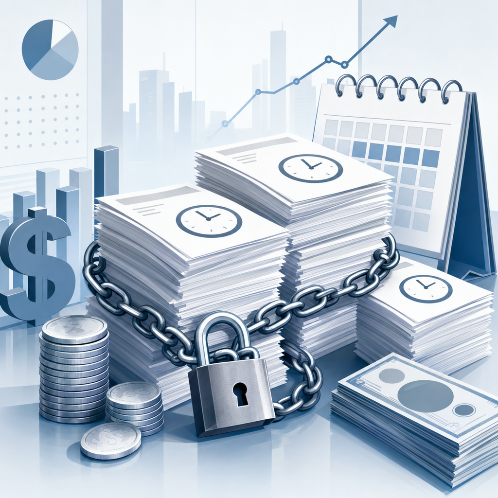 A professional business illustration showing stacks of paper invoices with clock symbols, representing overdue payments. The scene includes financial elements like coins, currency symbols, and a calendar in the background. Use a modern, clean style with shades of blue, grey, and white. The illustration should convey the concept of money being tied up in unpaid invoices - perhaps showing invoices with chains or locks, symbolizing frozen capital. Minimalist, professional business aesthetic.