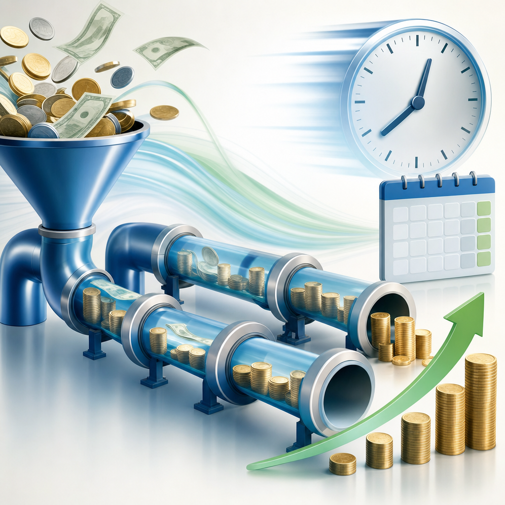 A professional business illustration showing cash flow improvement concept: stacks of coins or currency flowing smoothly through a streamlined pipeline or funnel system, with a clock or calendar element showing reduced time periods. Modern, clean financial illustration style with blue and green color scheme suggesting efficiency and growth. No text or letters.