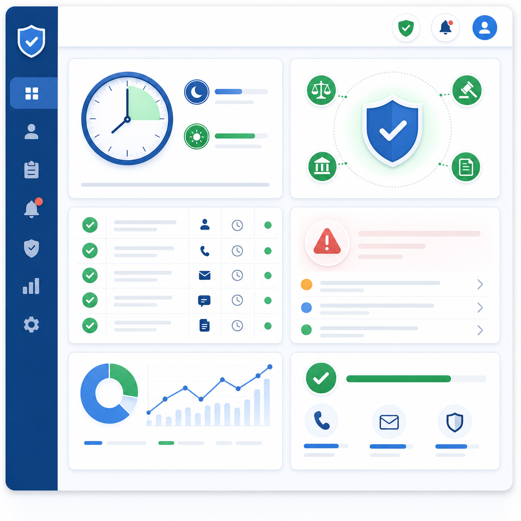 Professional compliance monitoring dashboard interface showing automated regulatory safeguards for debt collection, featuring visual elements like clock icons for time restrictions, checkmarks for audit trails, shield symbols for legal protection, alert notifications, clean modern business software interface, blue and green color scheme, organized layout with status indicators and compliance metrics