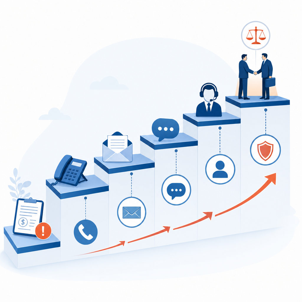 A professional business illustration showing a stepped escalation process for invoice collections. Feature a series of ascending steps or levels, each representing a different stage of follow-up action. Include visual elements like a phone icon, email envelope, and escalation arrows pointing upward. Use a clean blue and white color scheme with subtle orange or red accents for urgency indicators. The style should be modern flat design or minimal isometric, conveying the concept of systematic collection workflows and progressive action stages.