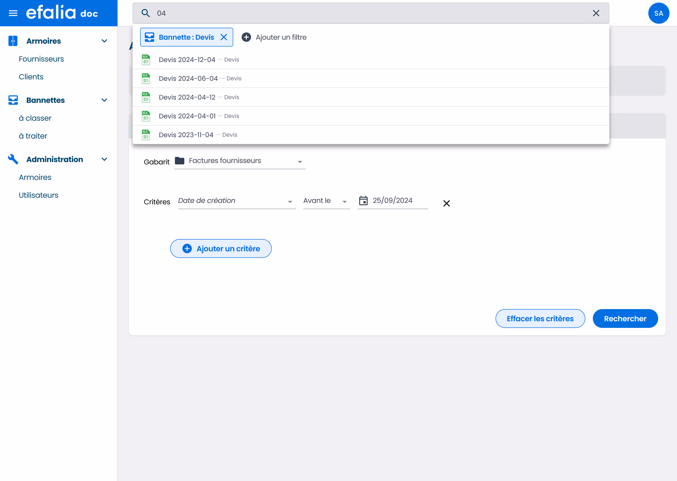 capture ecran filtre recherche ged efalia doc