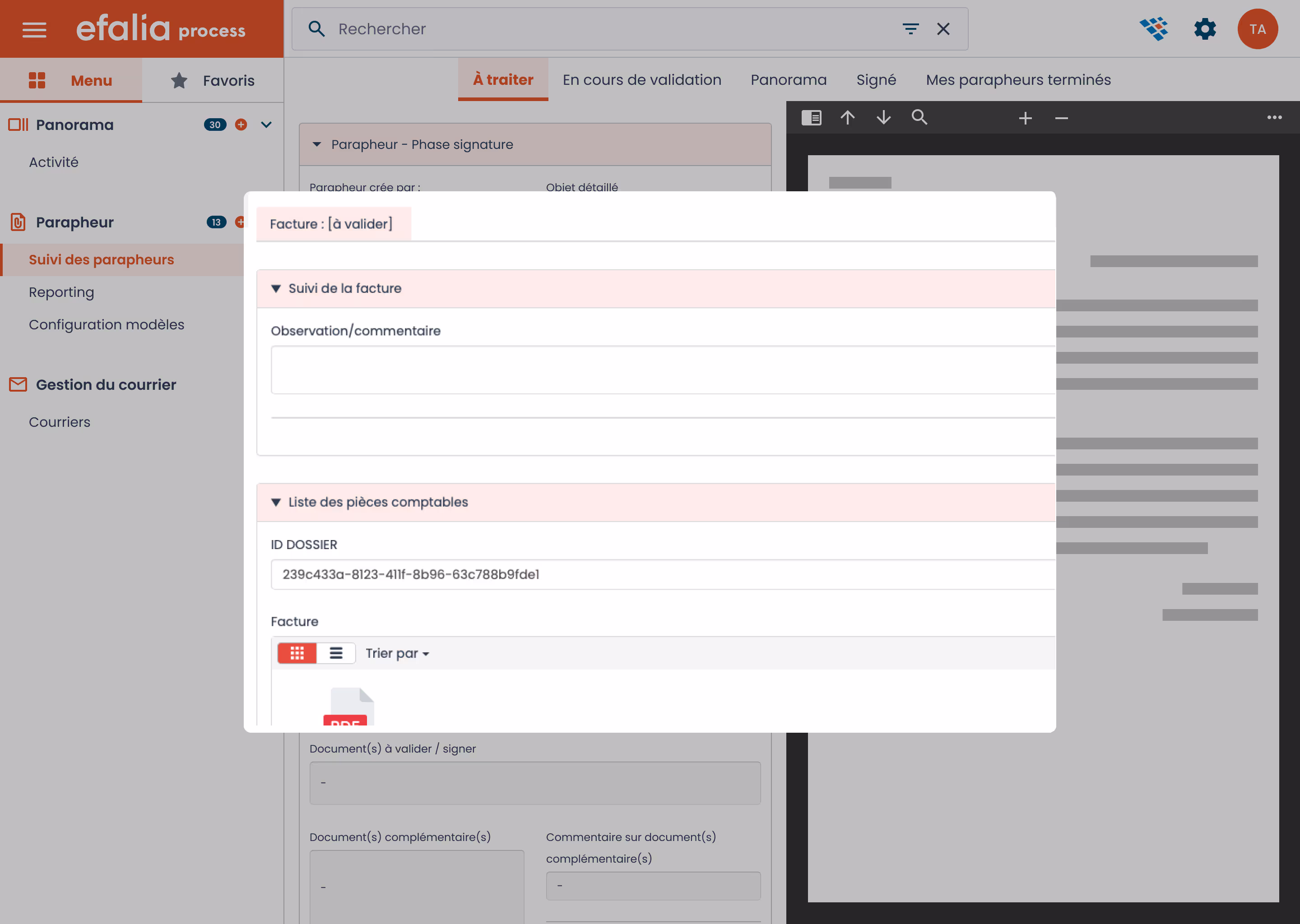Capture ecran efalia process plan de classement