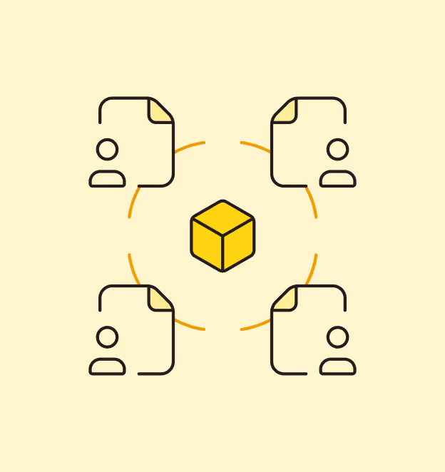 un cube jaune avec 4 pictogrammes  de documents sur fond jaune clair