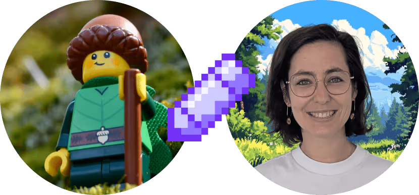 deux images rondes representant un lego en foret et une collaboratrice