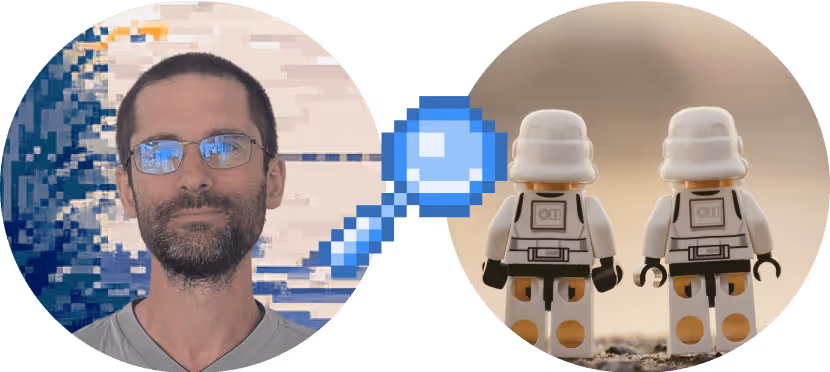 deux images rondes representant un lego et un collaborateur souriant