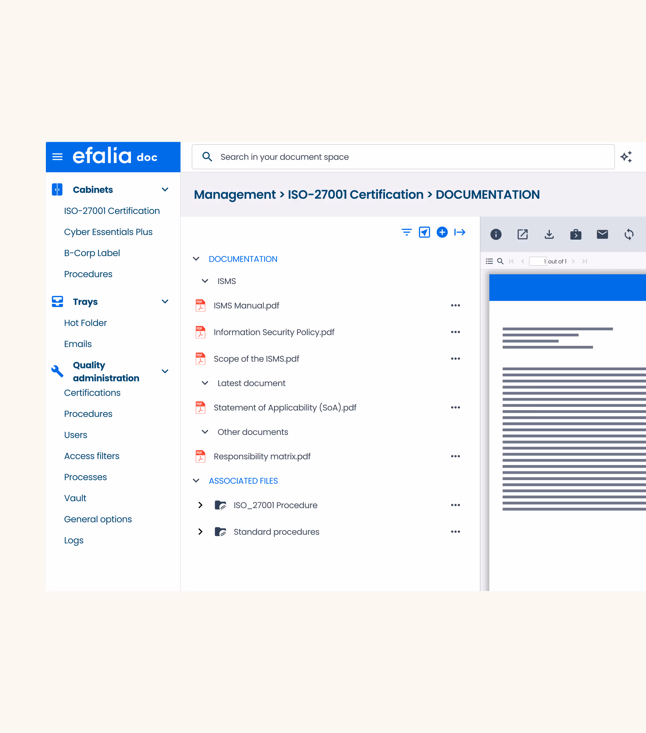 Screenshot of ECM QUALITy efalia software for the sector