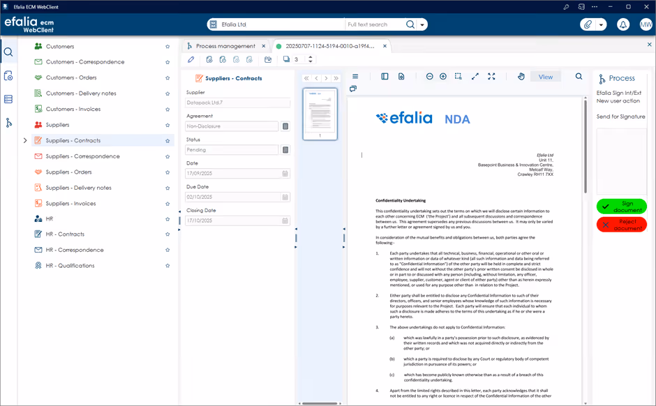 Screen shot Efalia ECM electronic content management management