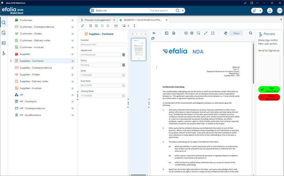 Screen shot Efalia ECM electronic content management management