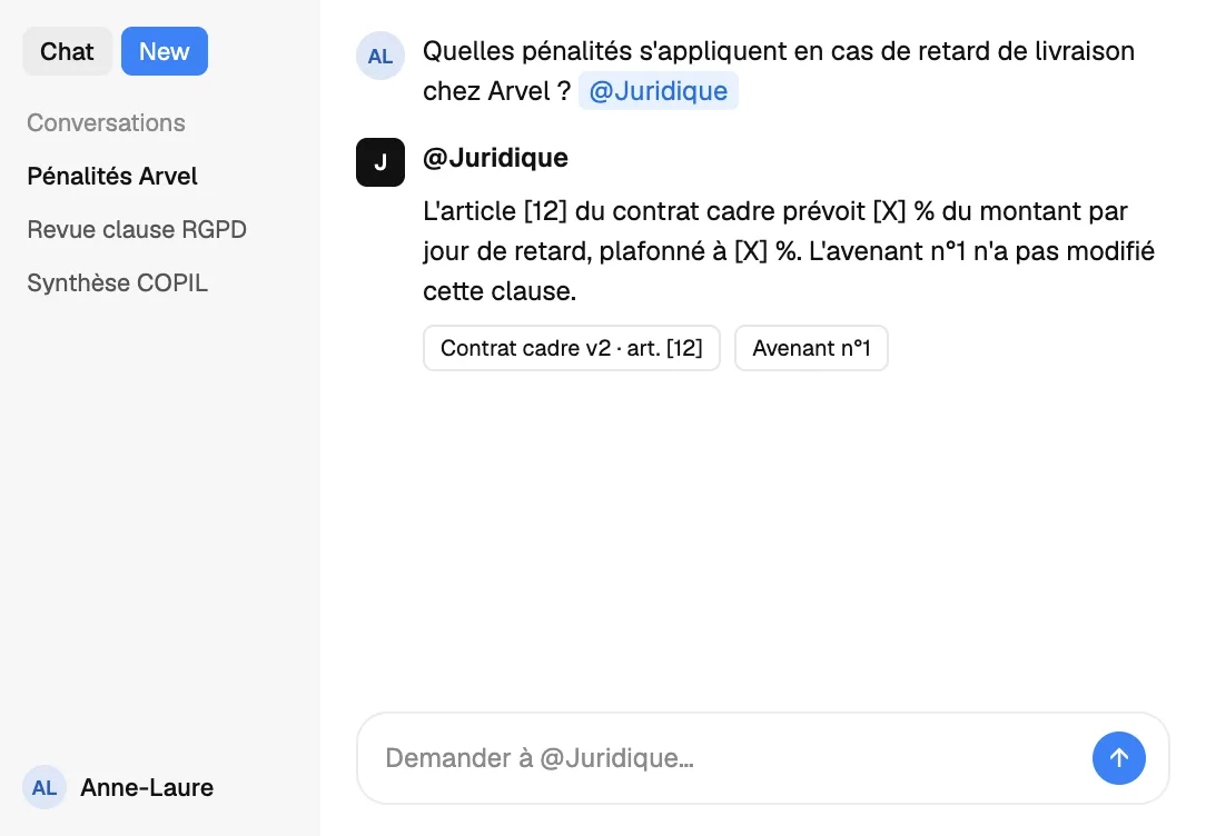 Dust interroge l'agent @Juridique sur les pénalités de retard du contrat Arvel