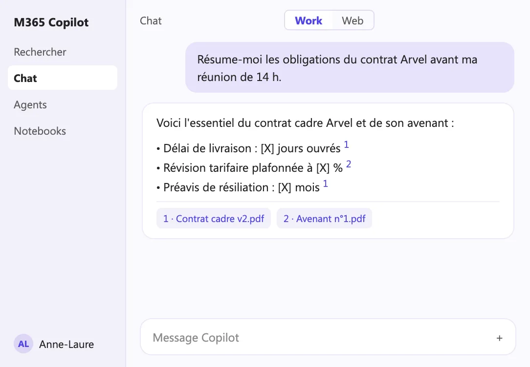M365 Copilot résume le contrat cadre Arvel et son avenant, en citant ses sources