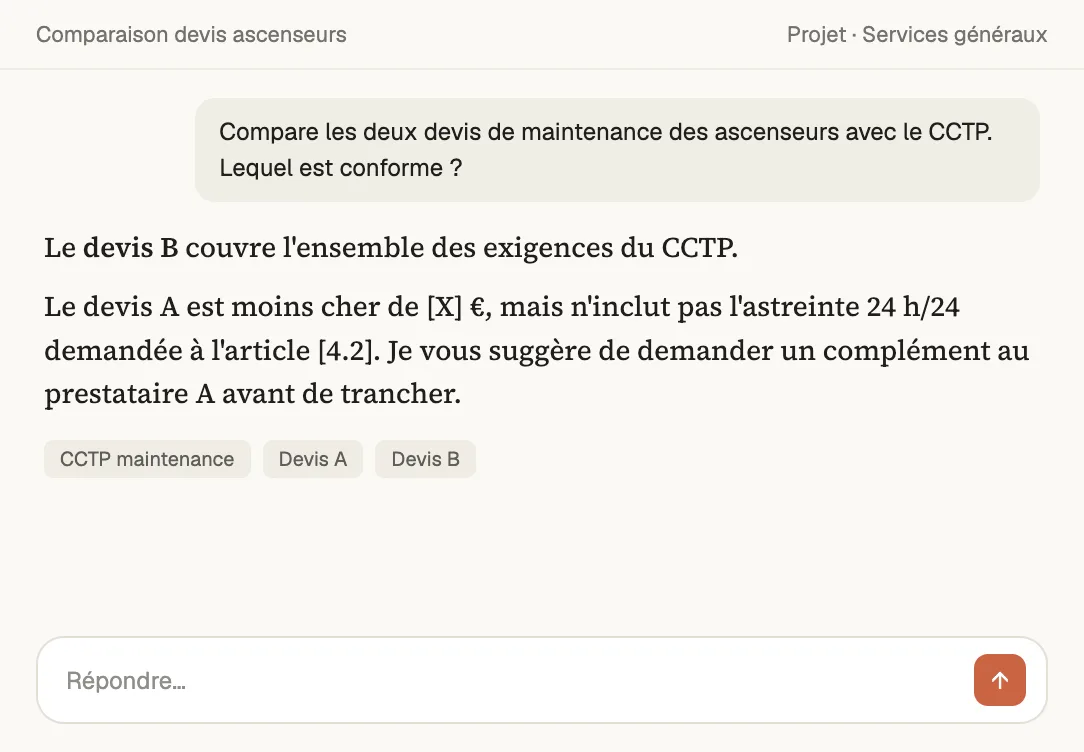 Claude compare deux devis de maintenance d'ascenseurs avec le CCTP