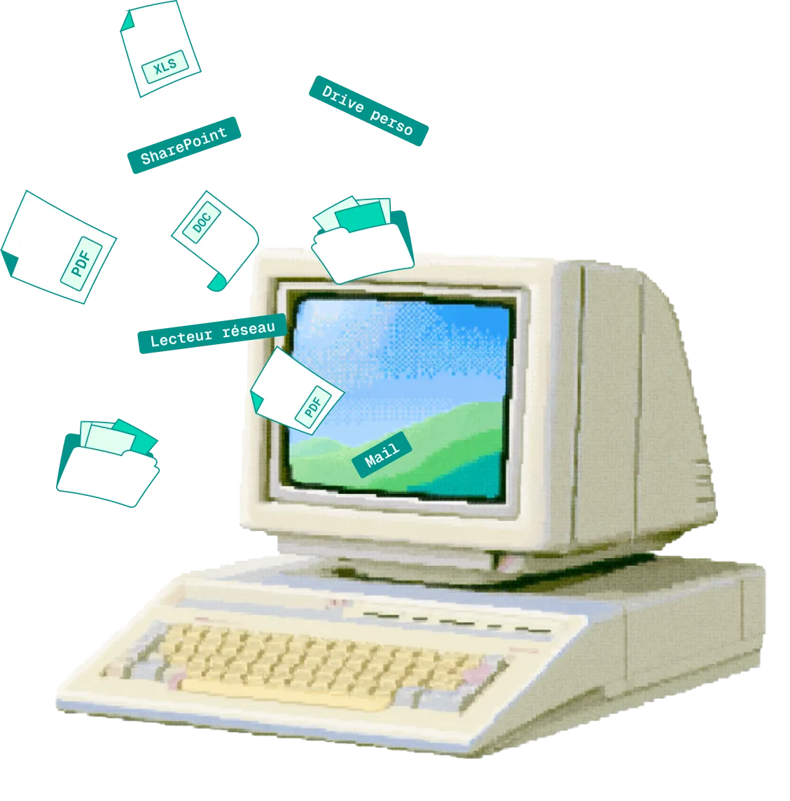 Ordinateur entouré de fichiers dispersés : SharePoint, drive perso, lecteur réseau, mail