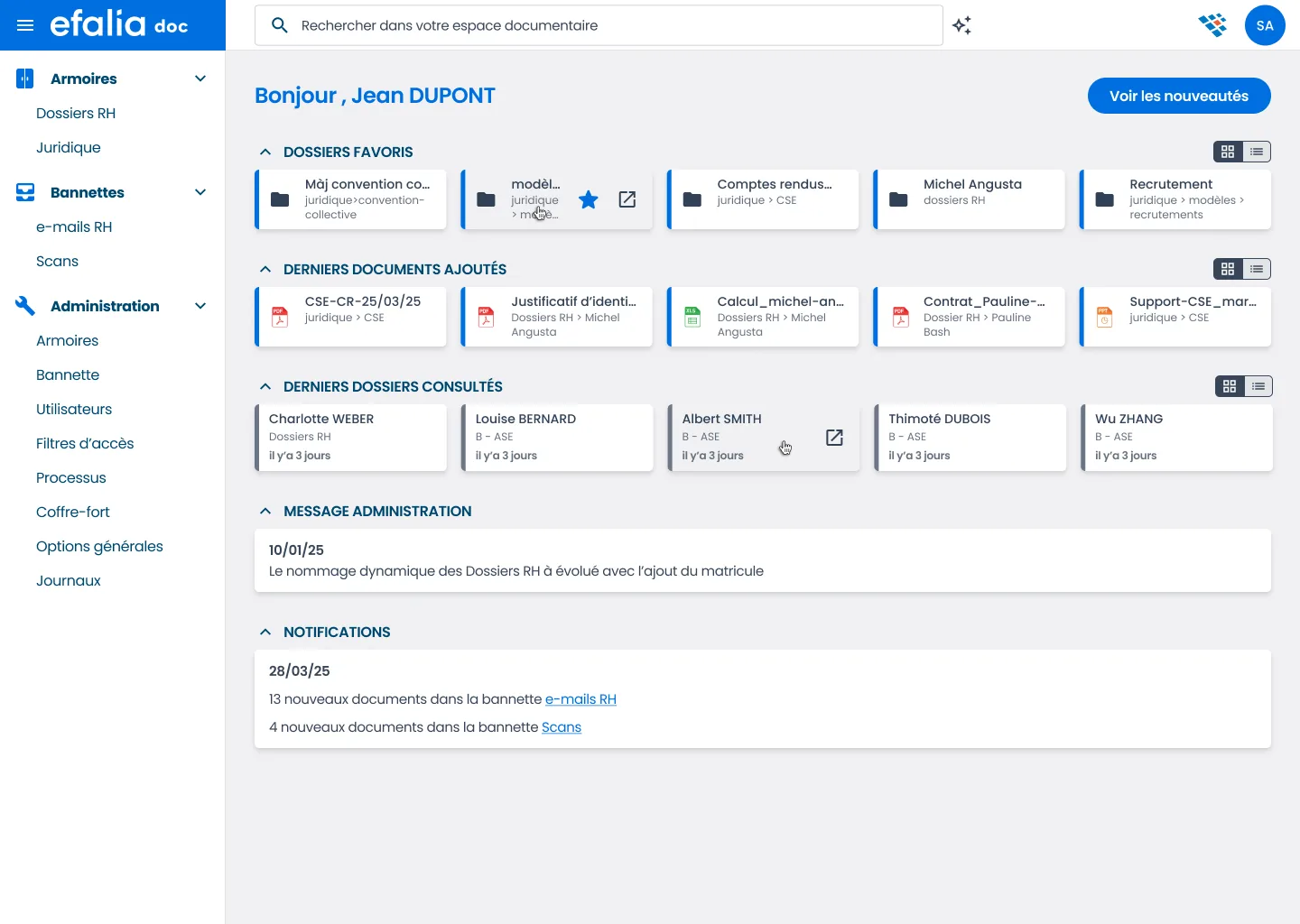 Interface Efalia Doc : armoires, bannettes et dossiers favoris