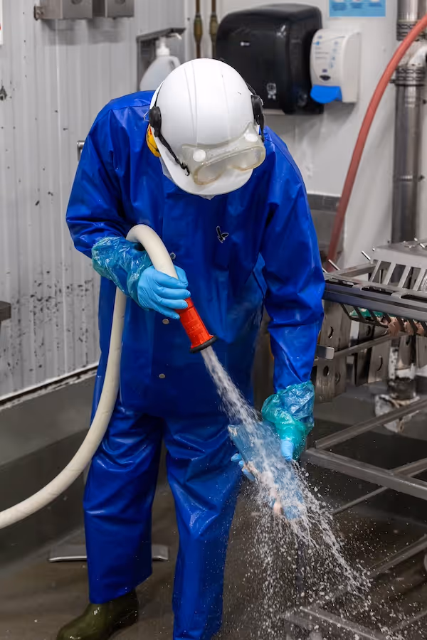 Worker in blue protective gear and white helmet cleaning equipment with water hose in industrial setting.