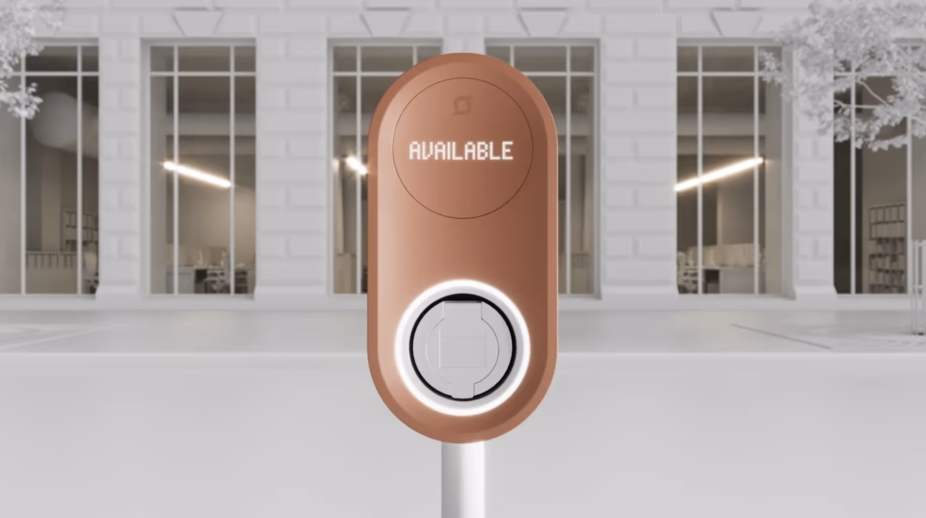 CGI shot of charging station in front of a business district