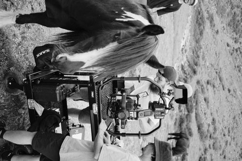 behind the scene shot of camera operator rigginf arri alexa mini in the nature