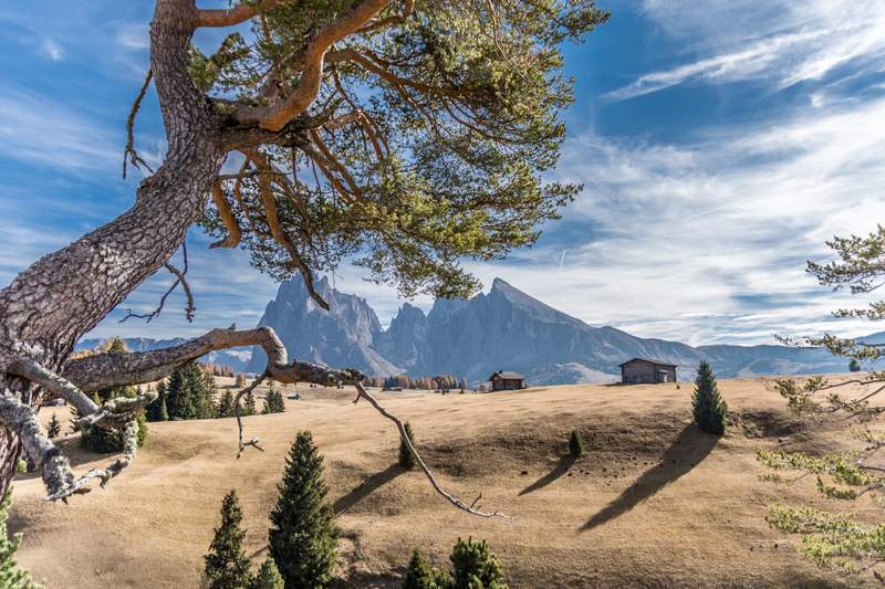 Remote mountain pass with Dolomite peaks in the back