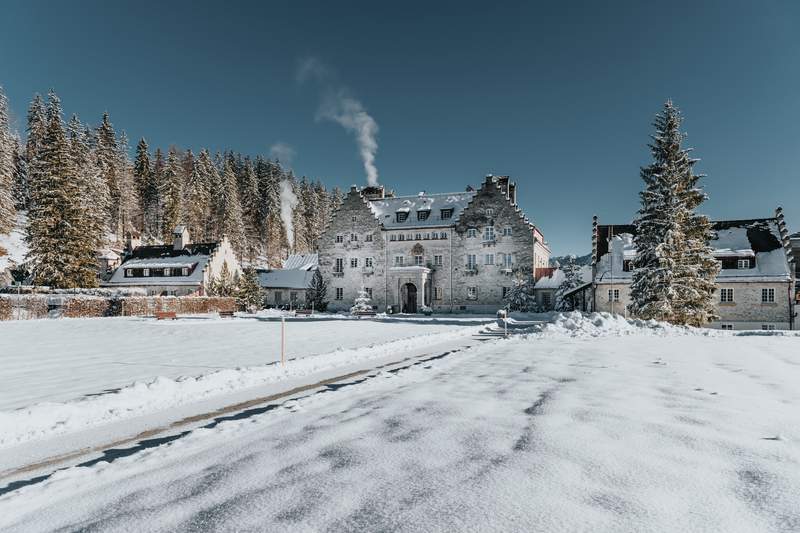 Mountain huts and cabins in a remote alpine setting