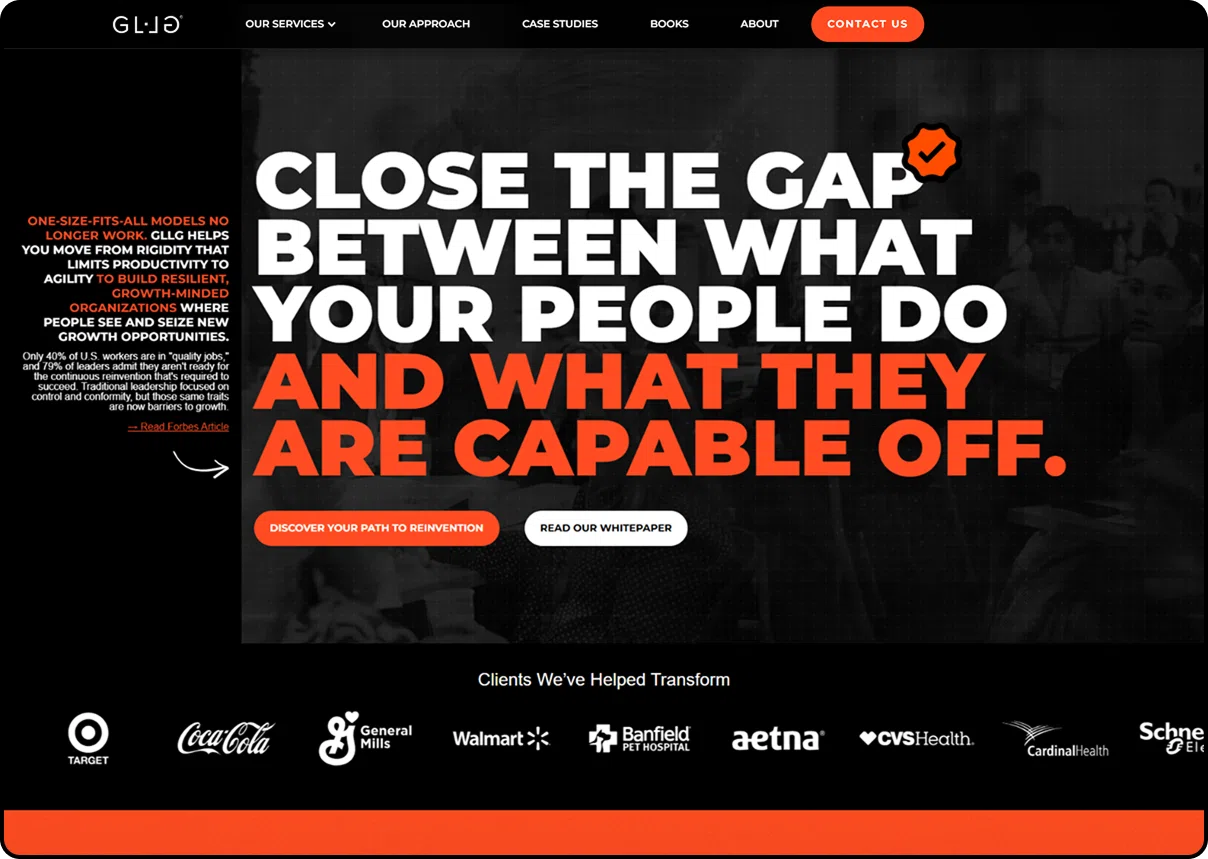 Homepage of GLLG official website, focused on leadership reinvention through personalization, innovation, and individuality.