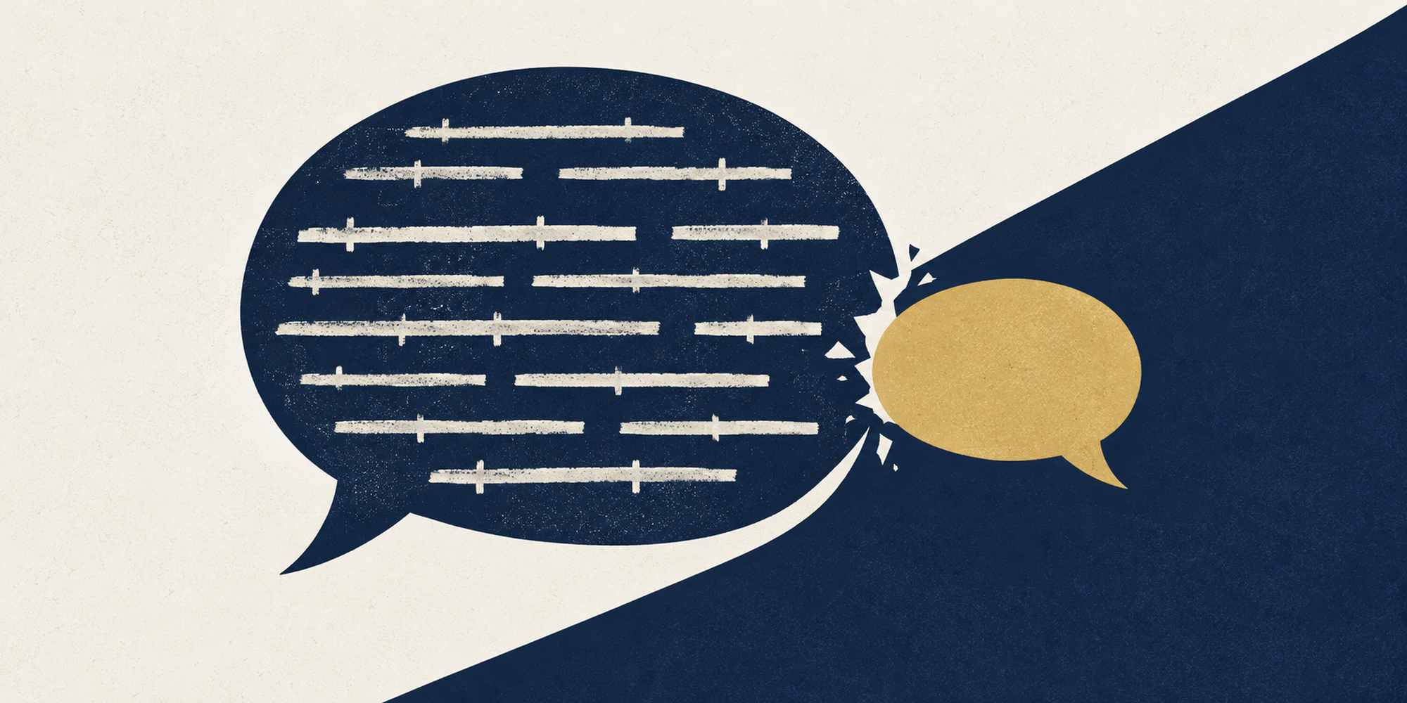 A navy speech bubble full of crossed-out script, with a small gold speech bubble breaking out of it