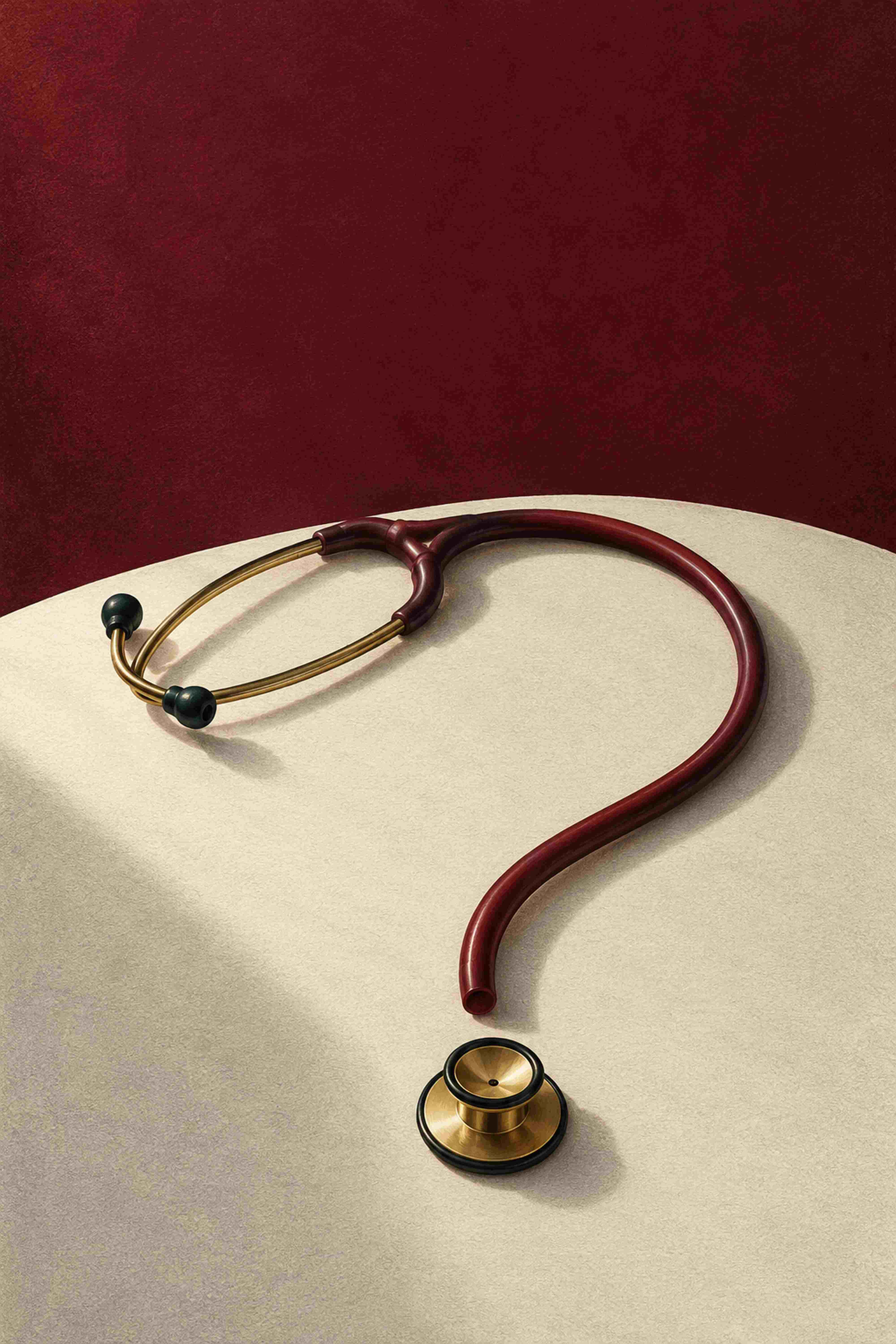 A stethoscope whose tubing curves into a question mark