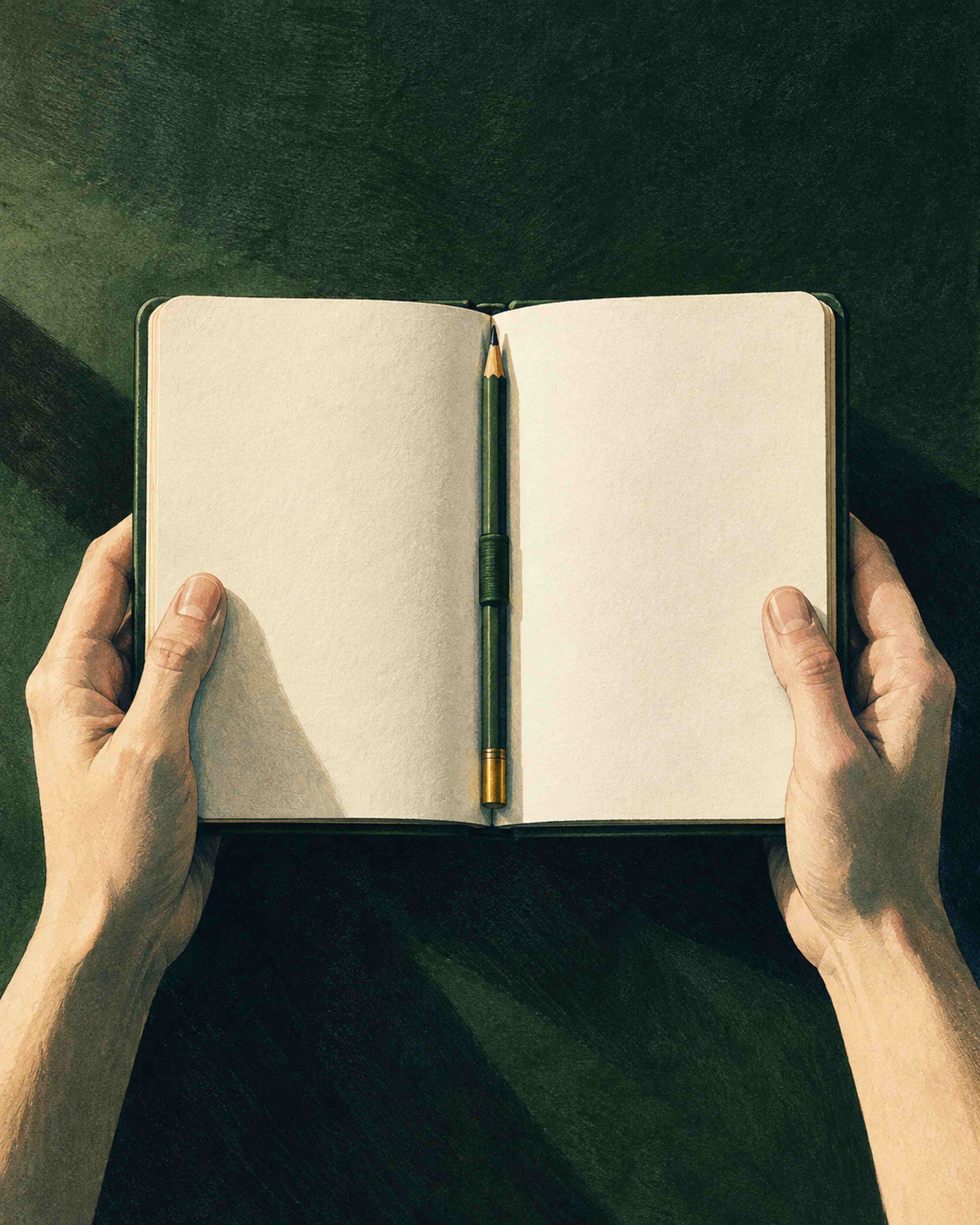 Hands holding an open notebook with a pencil in the spine