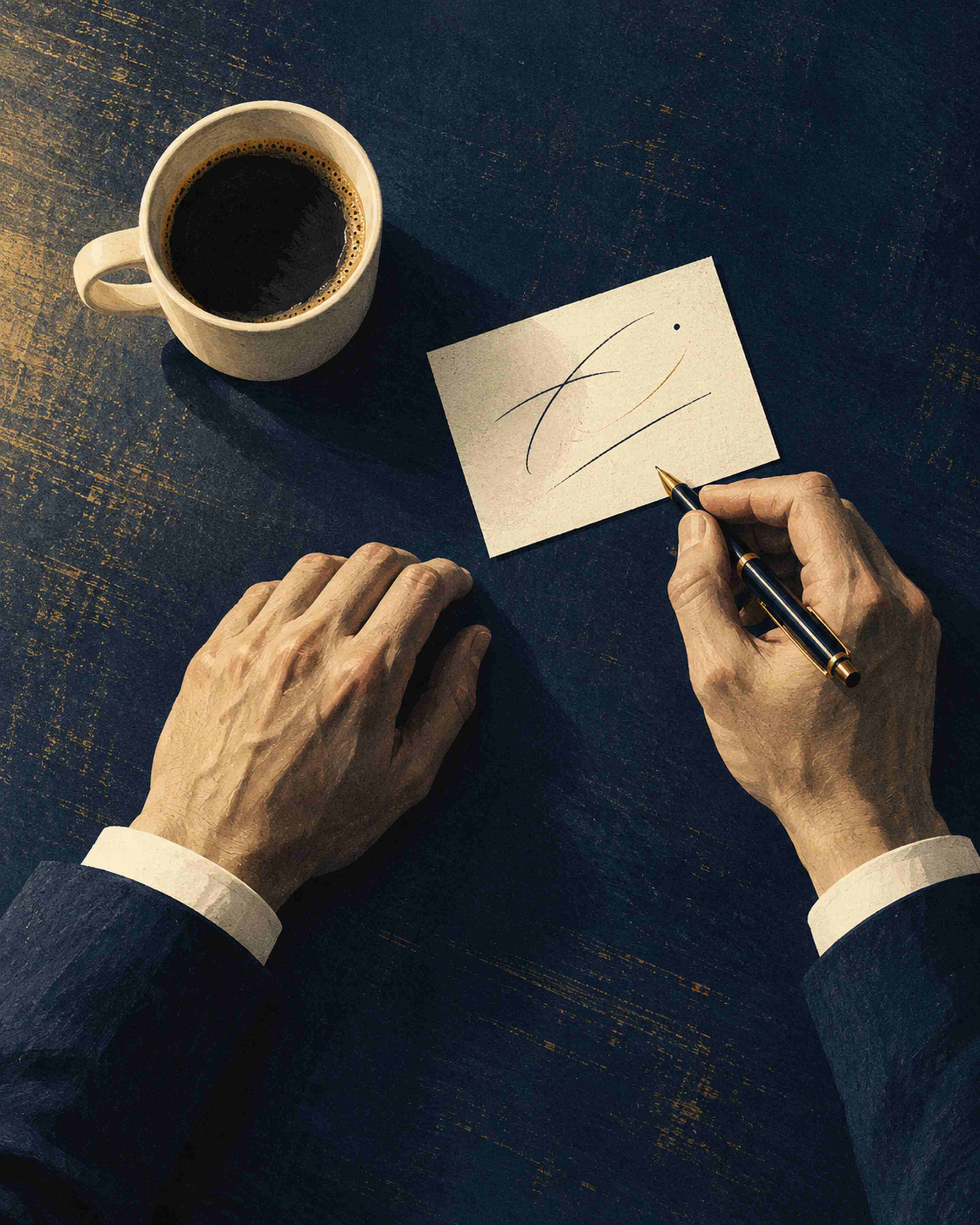 Hands at a worn desk beside a coffee mug and a handwritten note