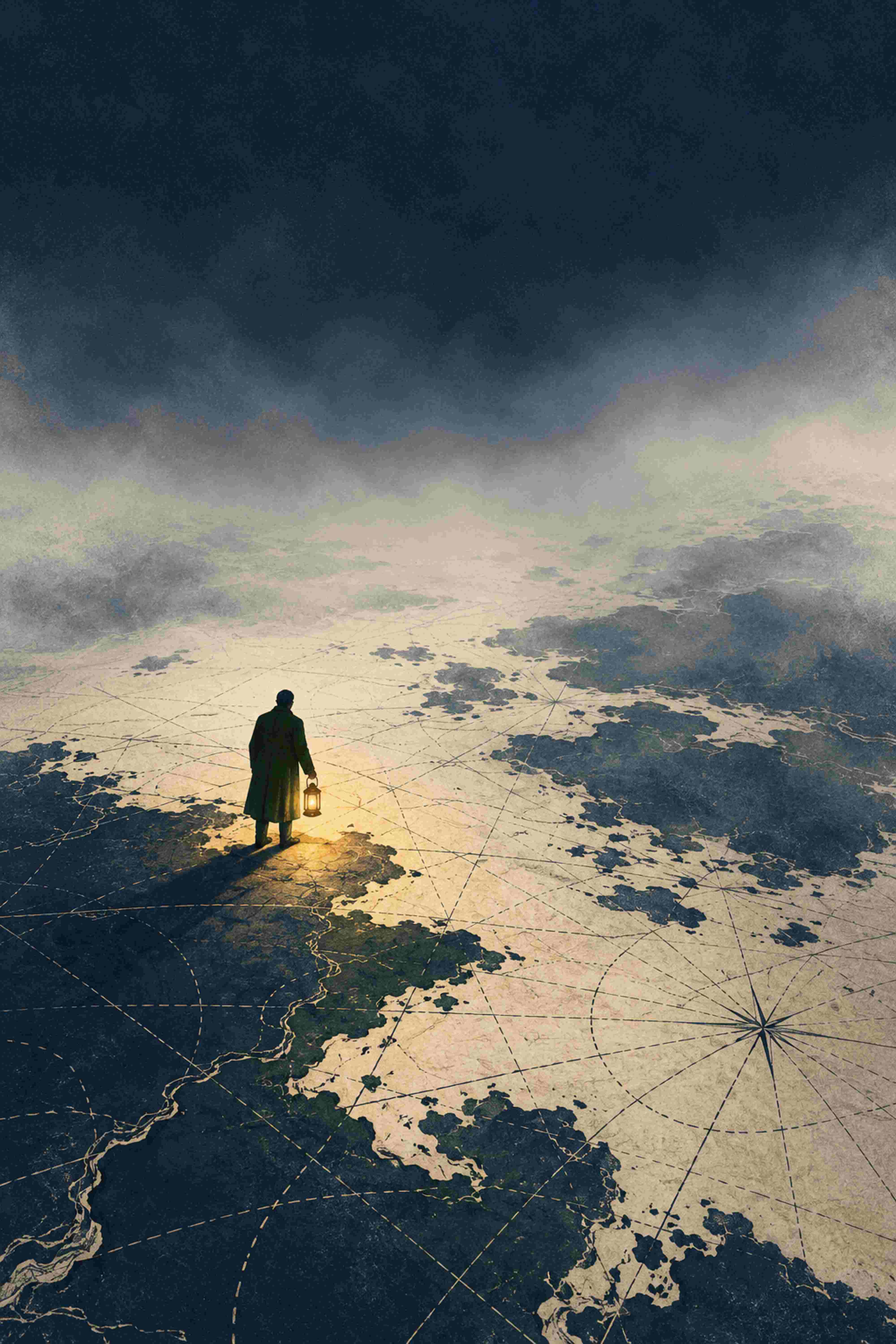 A figure with a lantern at the edge of a map dissolving into fog