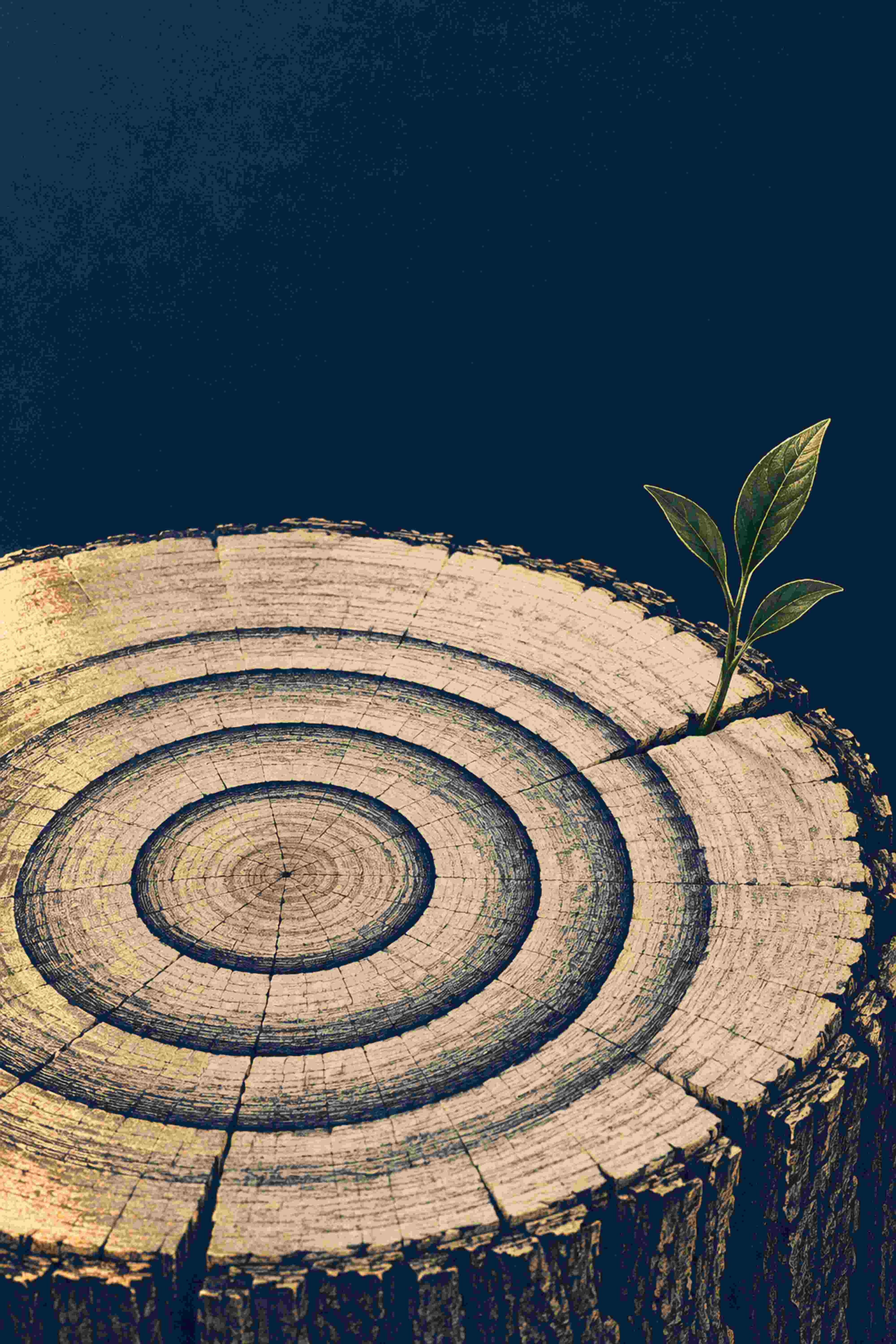 Tree rings with a new shoot rising from the outermost ring