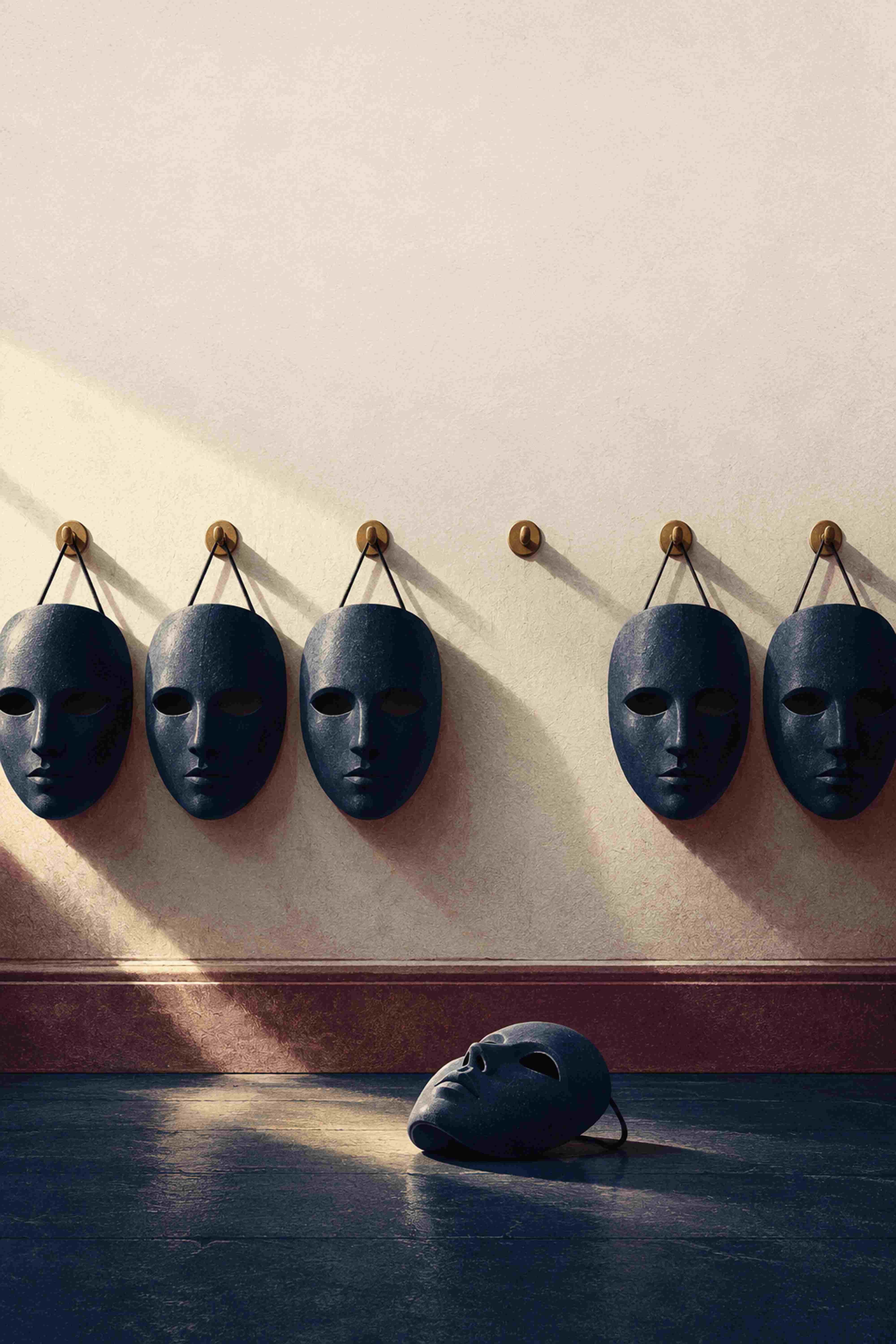 Identical masks on hooks along a wall, one hook empty and its mask on the floor