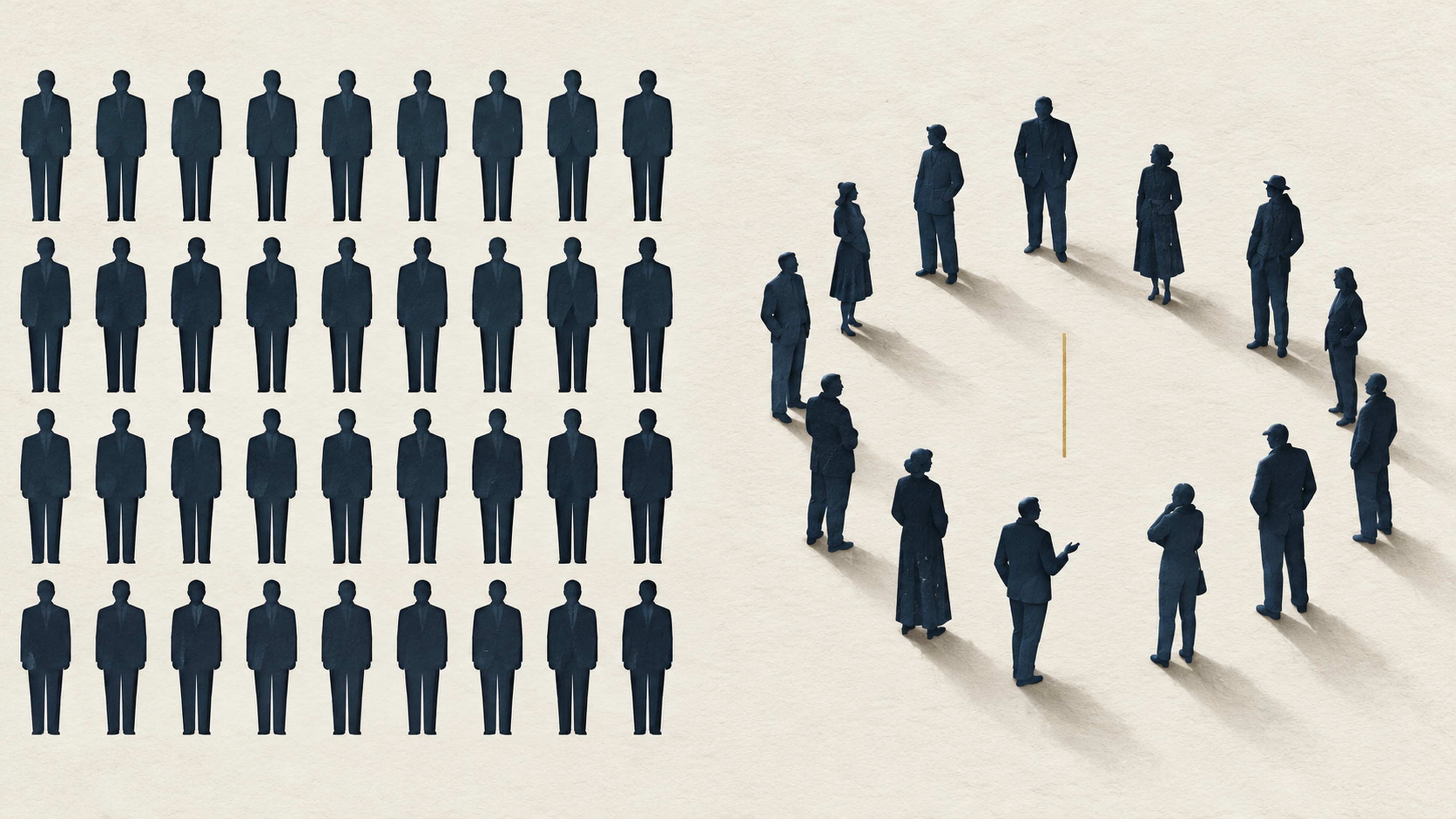 Paper figures cut from one template stand in rows on the left; on the right, hand-cut figures, each different, gather around a shared center