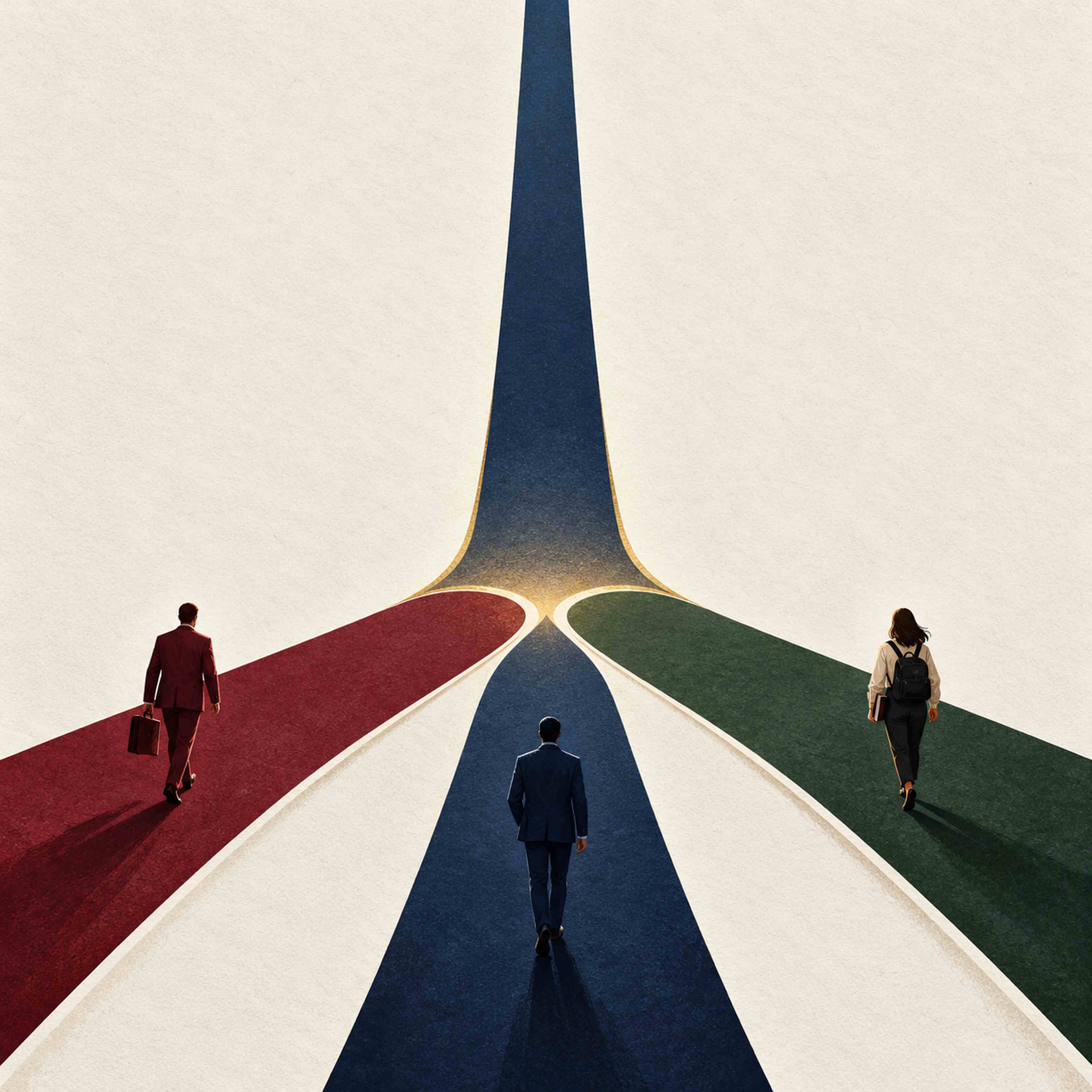 Three paths, oxblood, navy and forest green, carry three walkers toward one point where they become a single road