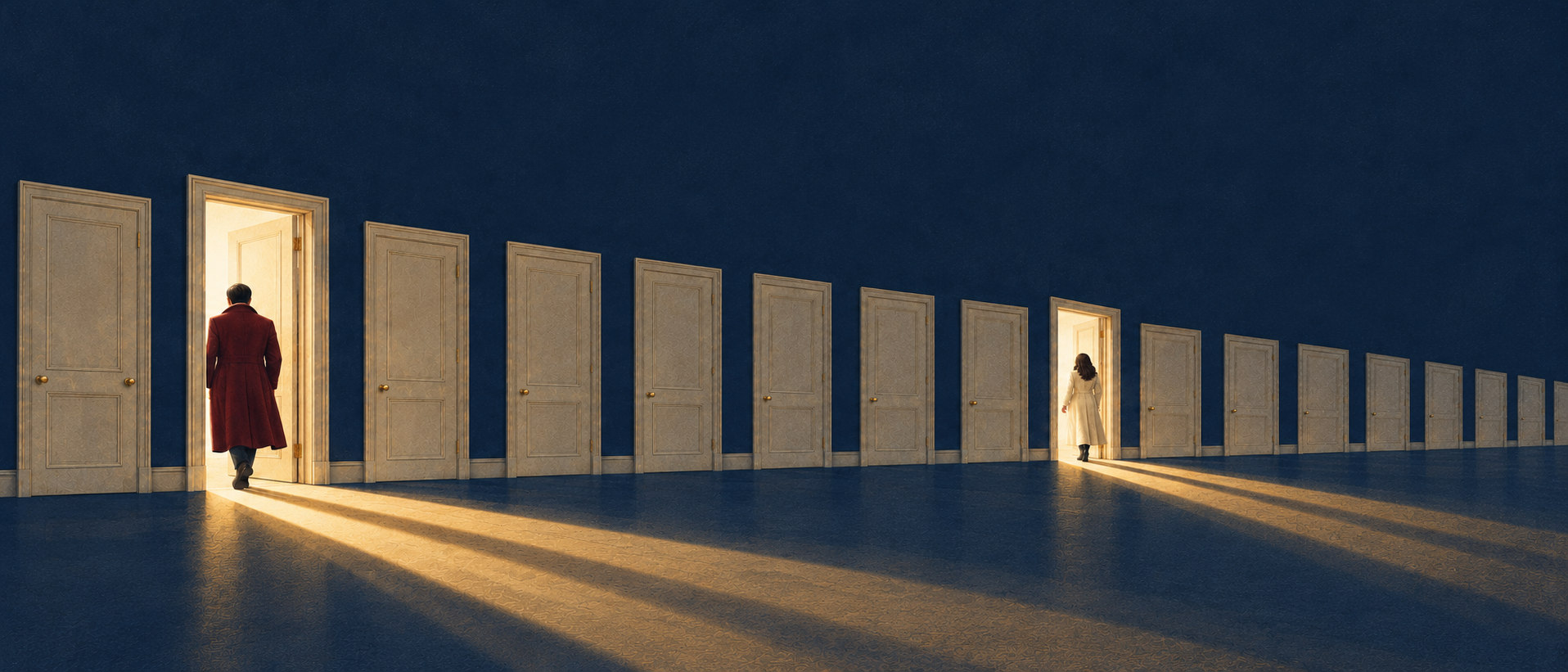 A long corridor of identical doors; two stand open, and a man and a woman each step through their own doorway into the light