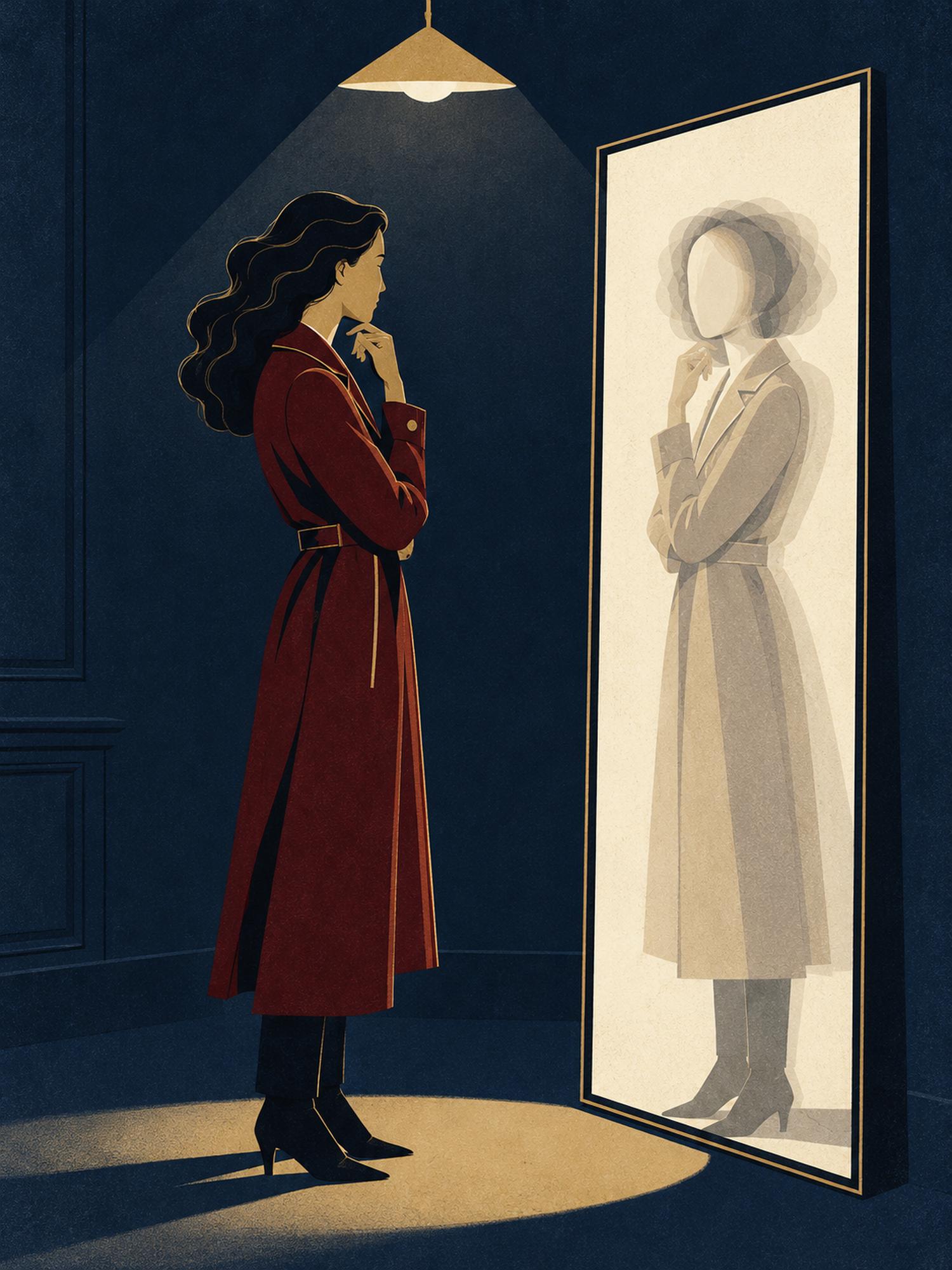 A woman in an oxblood coat faces a mirror that reflects a featureless, averaged version of her
