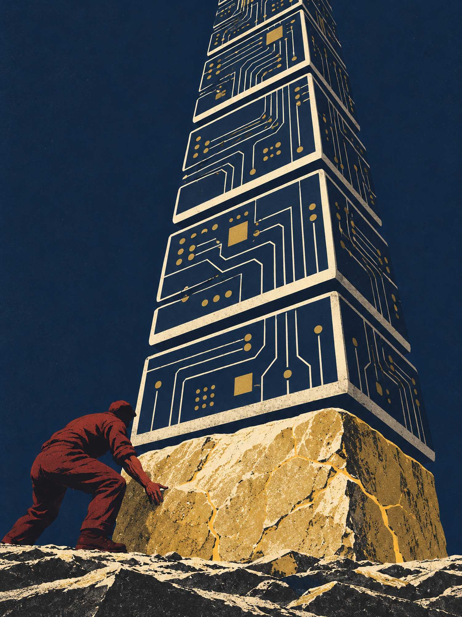 A towering stack of circuit-board blocks rests on a single hand-cut stone that one worker sets in place
