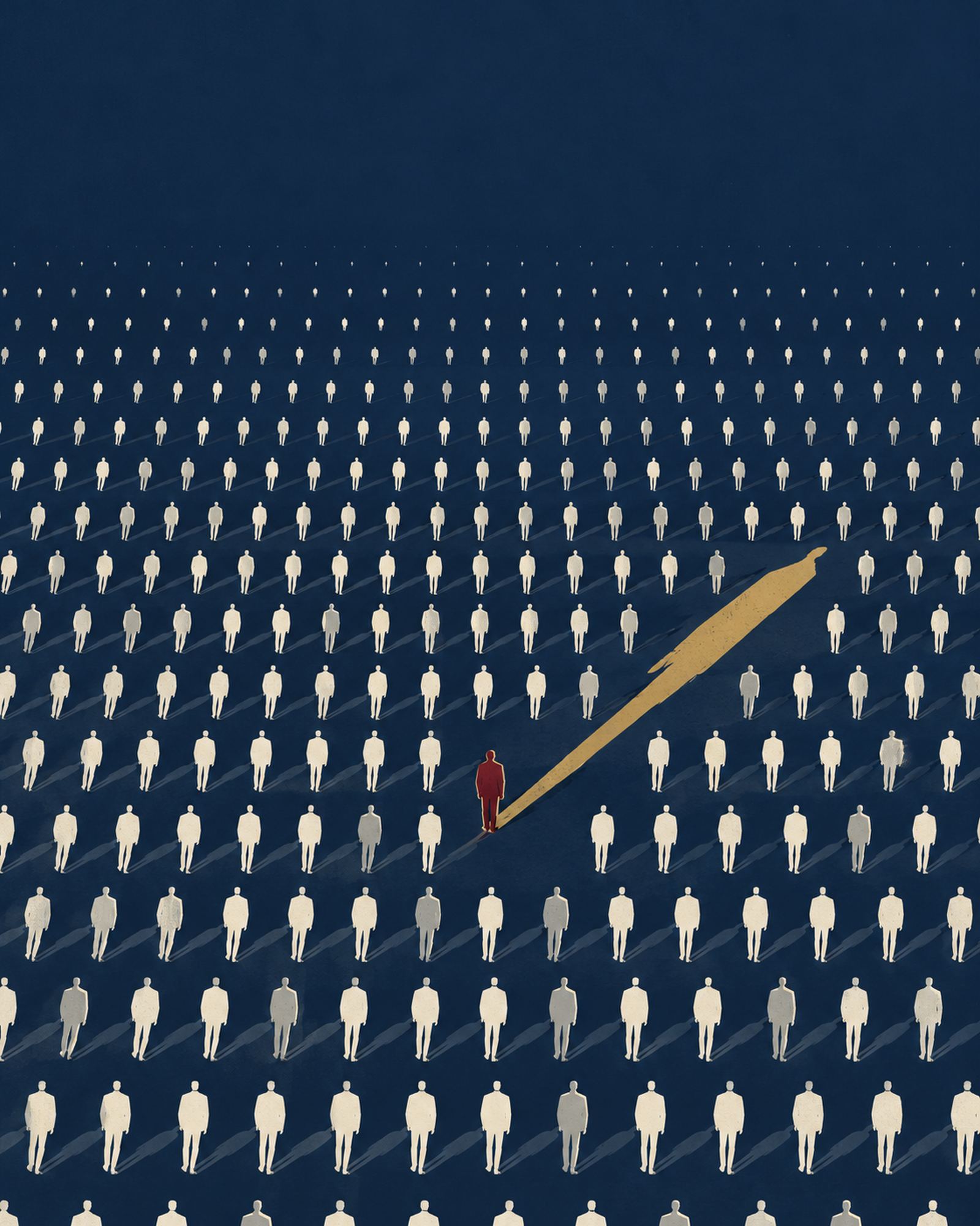 A lone oxblood figure stands upright among endless rows of identical cream figures, casting a long gold shadow