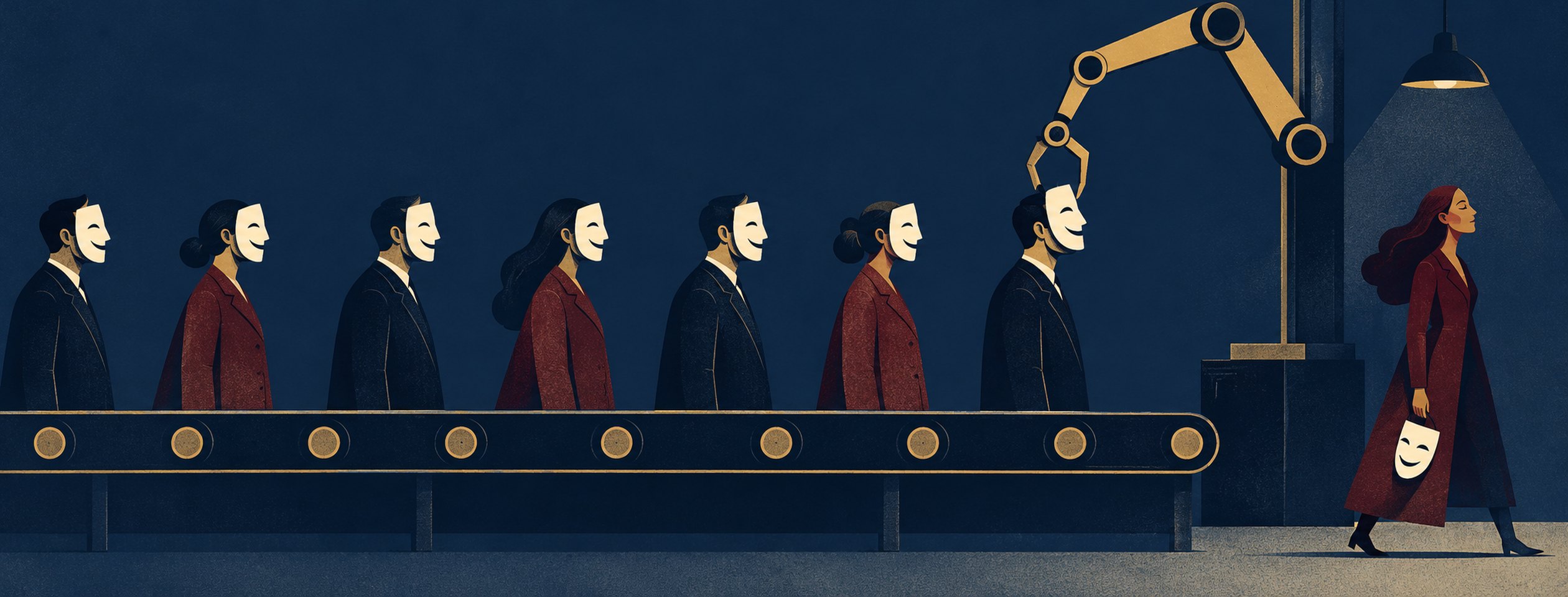 People on a conveyor are fitted with identical smiling masks by a robotic arm while one woman walks away carrying her mask