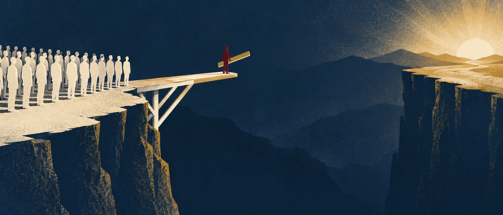 A crowd of identical cream figures waits on a cliff while one oxblood figure carries a gold plank to the end of an unfinished bridge