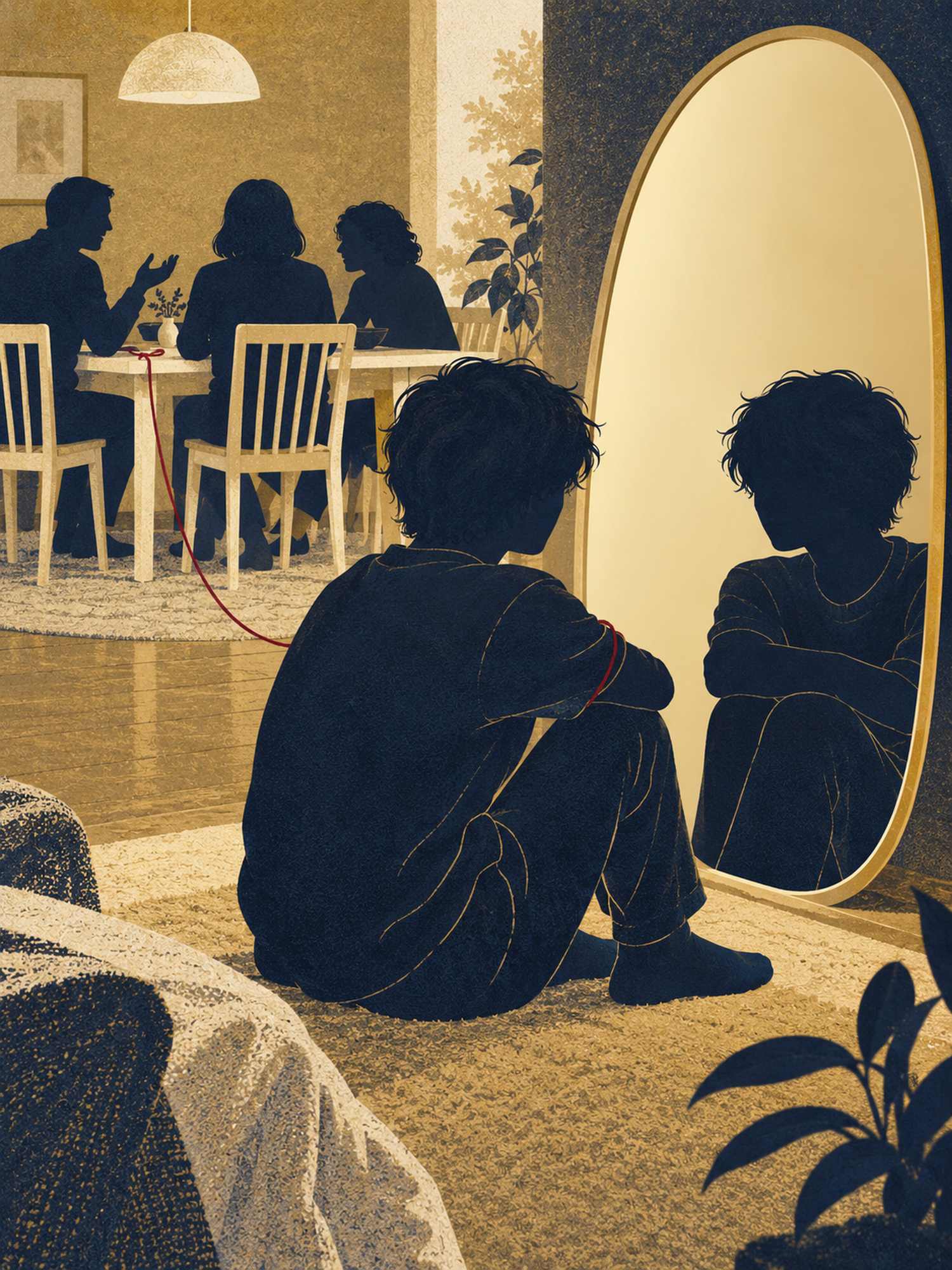 A teenager sits facing a smooth gold mirror that reflects him back, while a family talks at a table behind him, a red thread between them
