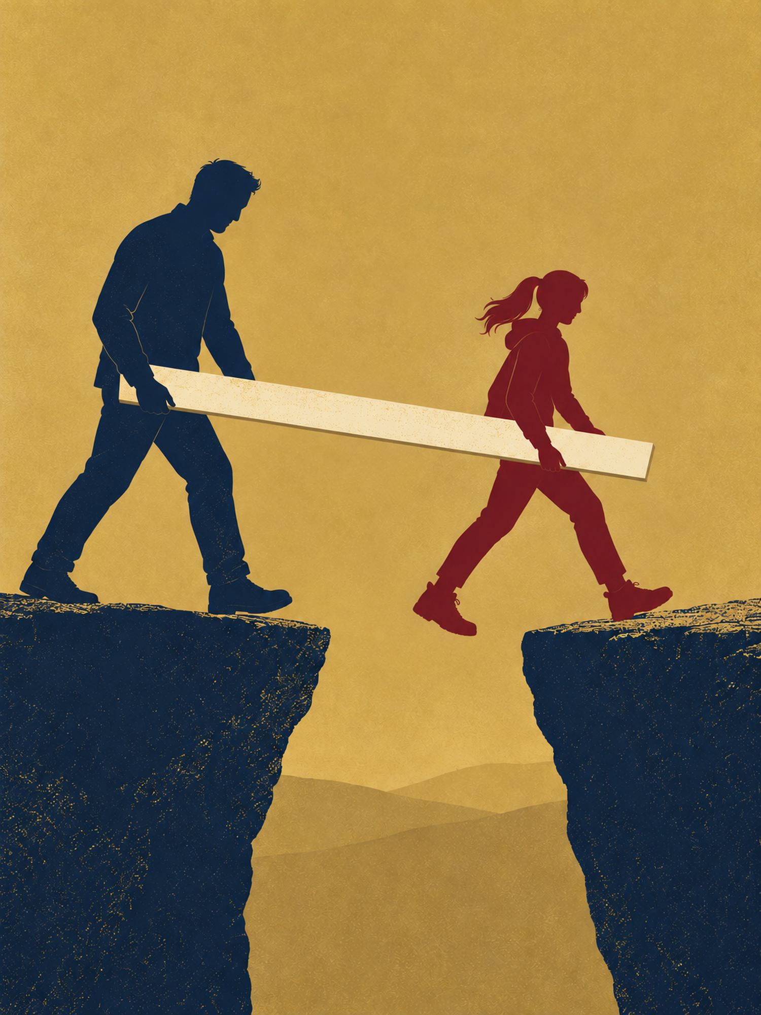 An adult and a teenager carry a plank together across a gap, the teenager in front