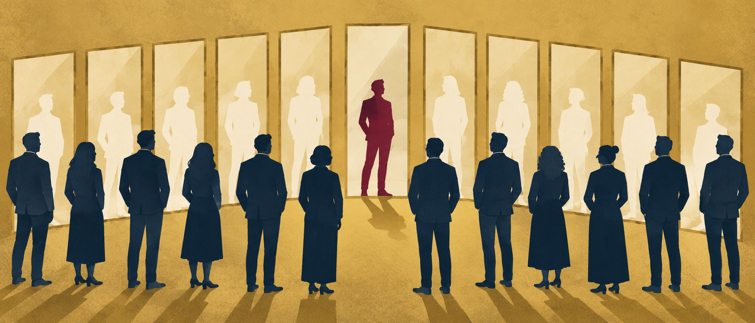 A crowd faces a row of mirrors showing identical cream reflections; in one mirror an oxblood figure stands as its own shape