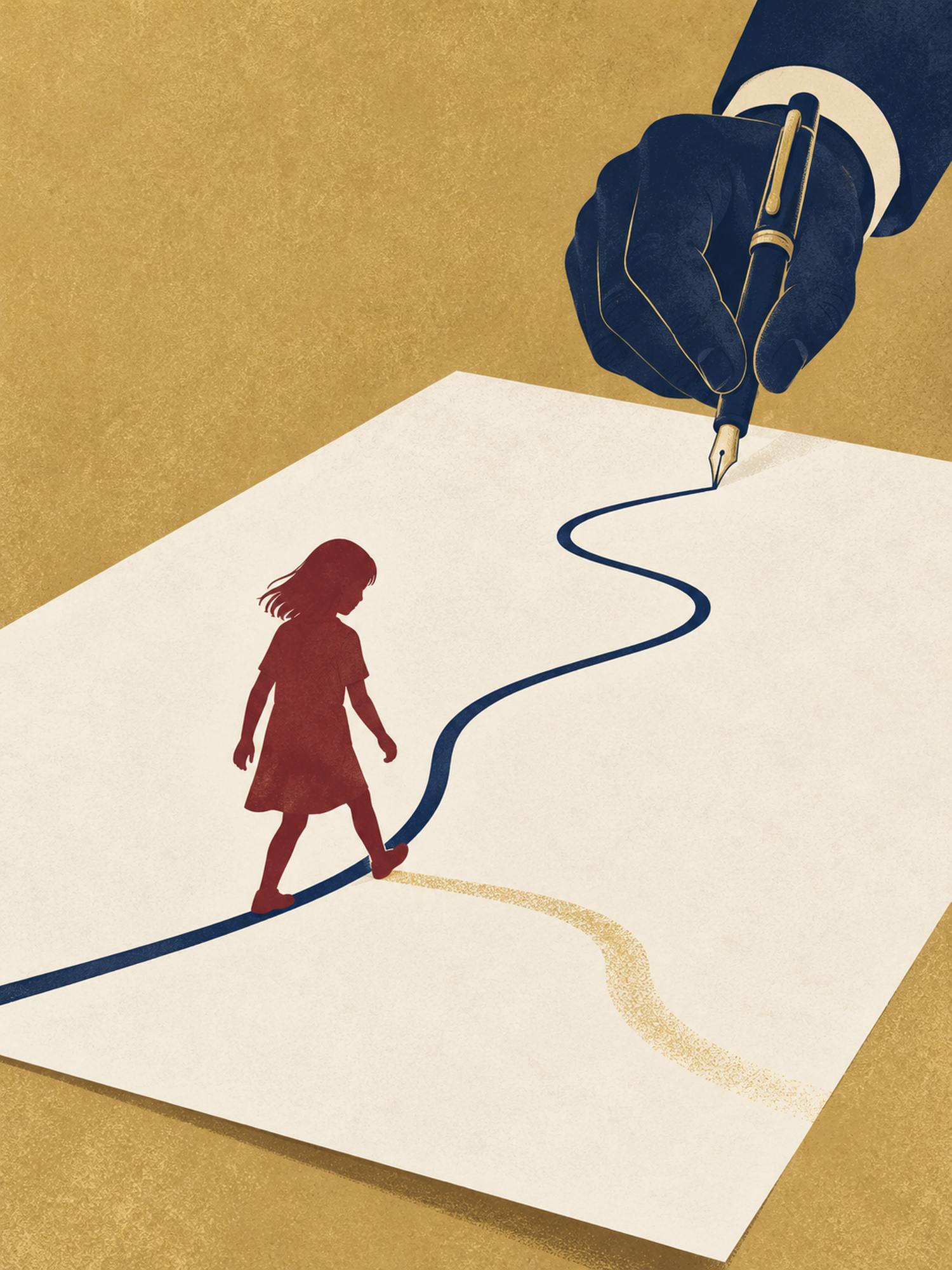 A large hand draws a path in ink; a girl in oxblood steps off the line onto a faint gold track of her own