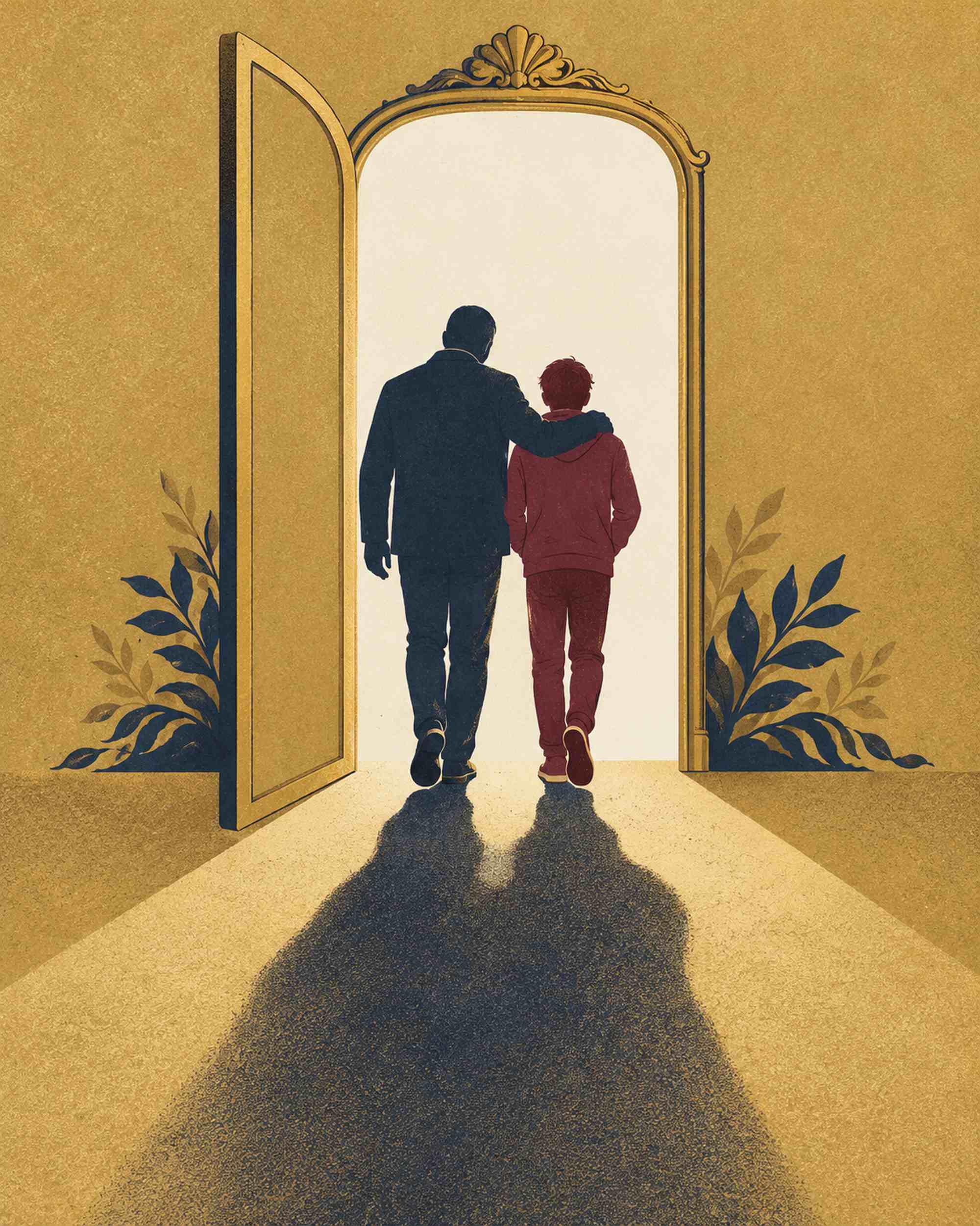 A mirror opens like a door; an adult and a teenager walk through it together into warm light