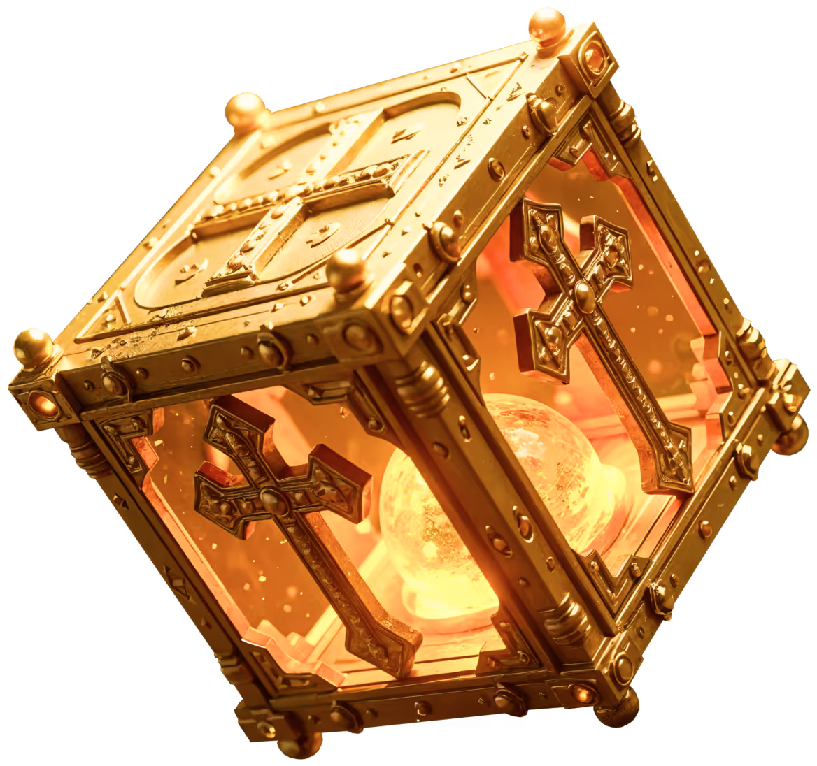 Ornate golden cube featuring engraved Christian crosses and a glowing core, used as the hero image on Find2God to symbolize Christian faith, light, and guidance.